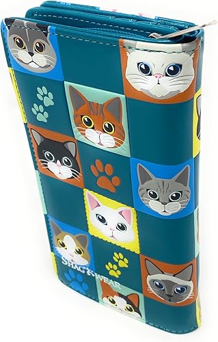 Miniatura 2 de Shag Wear Cat Checkers - Cartera grande de animales para mujeres y adolescentes, piel sintética vegana de 7 pulgadas, color verde azulado, verde