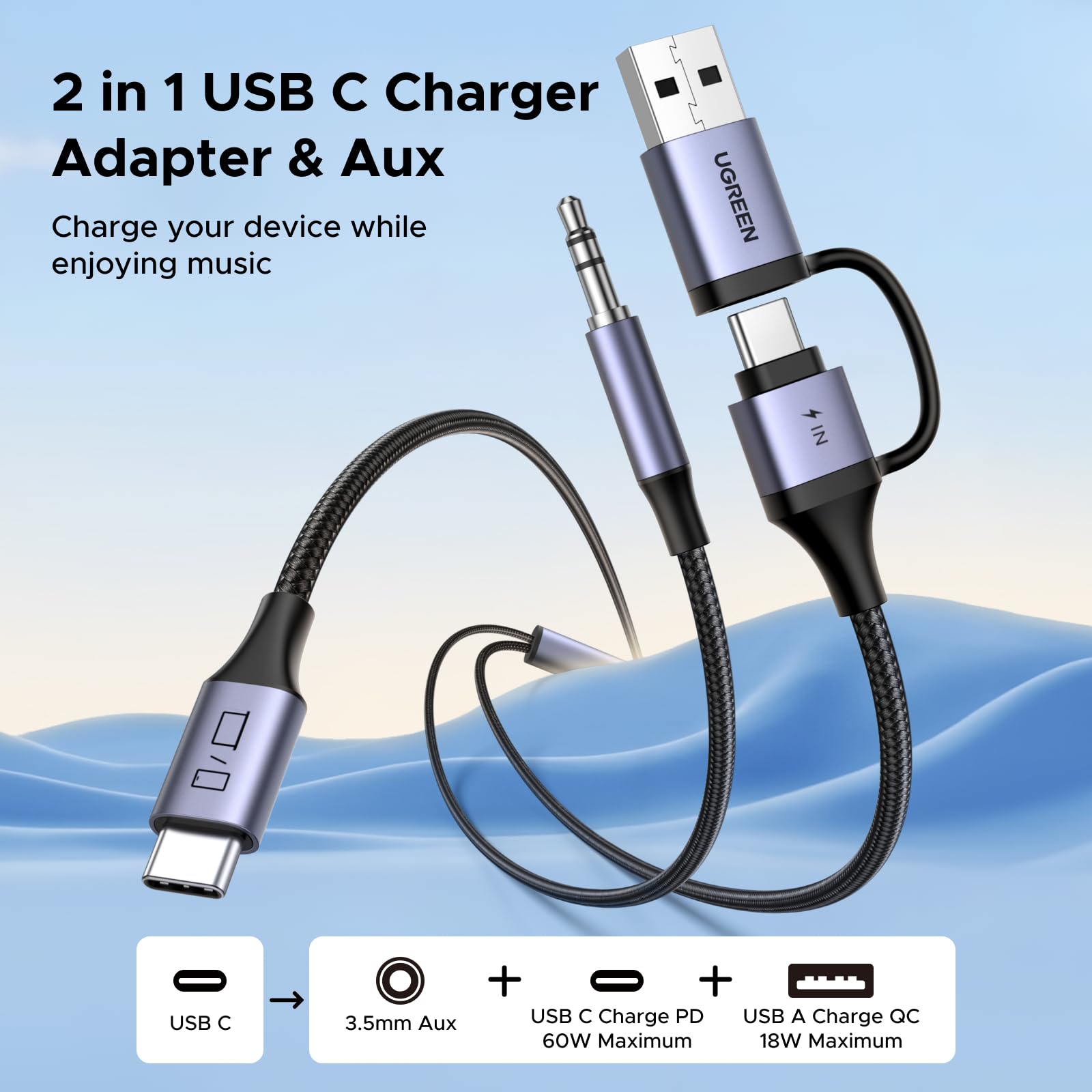 UGREEN USB C to 3.5mm Audio Cable and Charger 2 in 1 Hi-Res Type C to Aux TRS Headphone Car Stereo with PD 60W Fast Charging Compatible with iPhone 16 Pro Max Galaxy S25 Pixel 9 iPad Pro Switch 2, 5FT