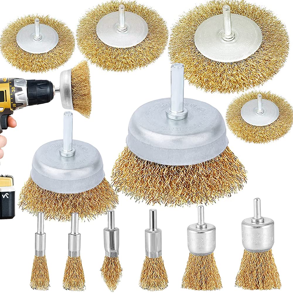 Wire Brush Wheel Cup Brush Set, 12 Pack Coarse Crimped Brass 1/4 Inch Shank Wire Wheel for Drill Attachment