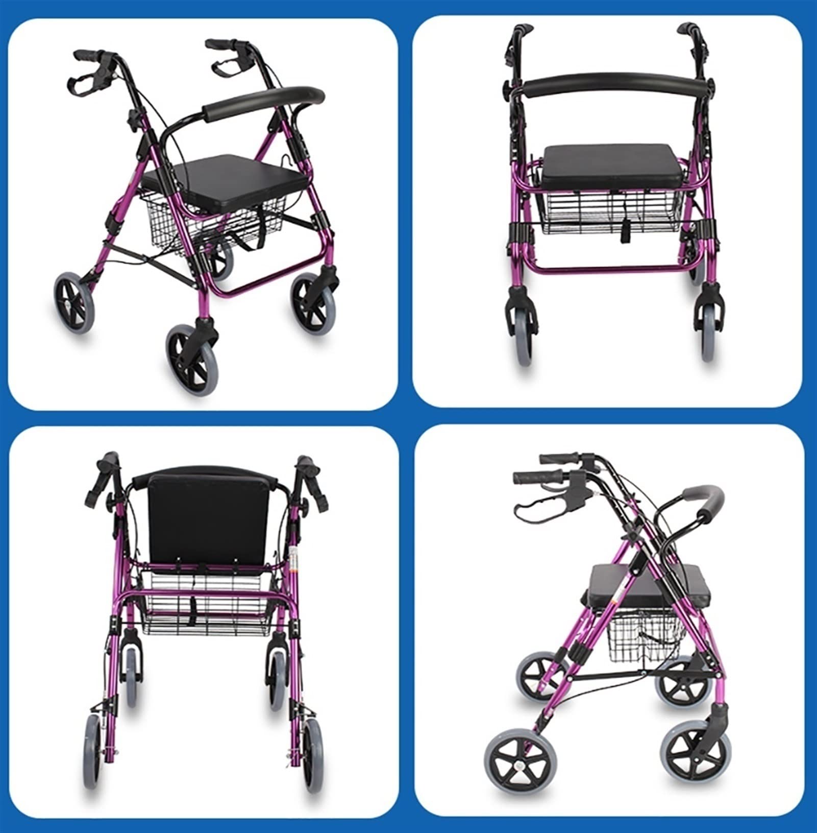 Andador con asiento y ruedas y frenos de 8 pulgadas, plegable, resistente, para personas mayores, con respaldo y cestas, altura ajustable