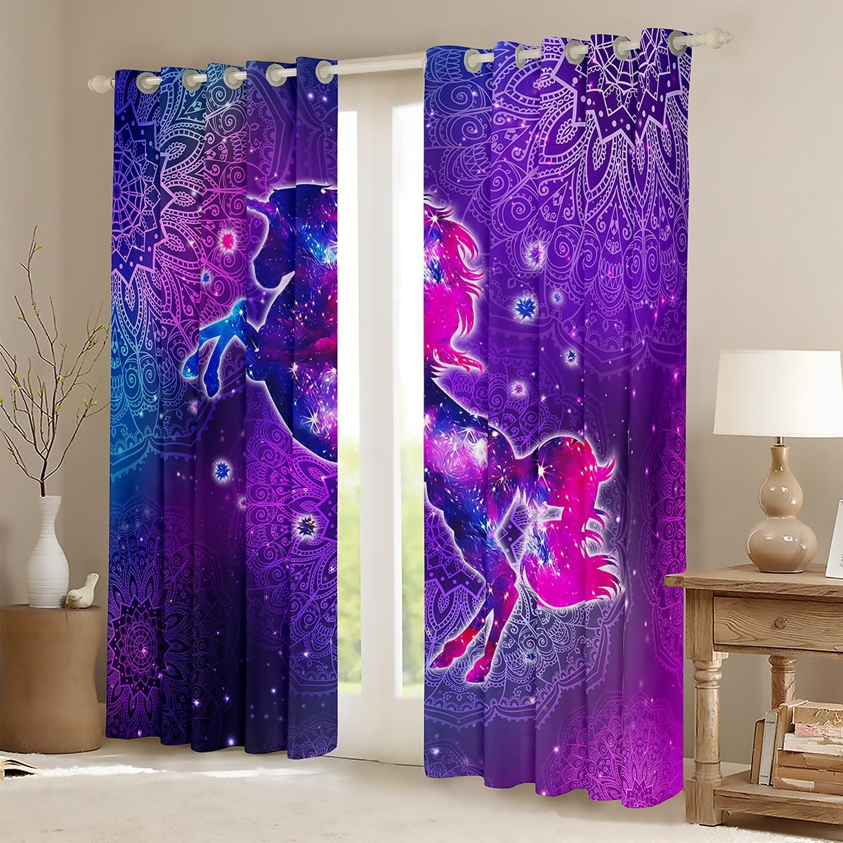 Lot de 2 rideaux de fenêtre à œillets motif licorne violette - Pour chambre d'enfant - 168 x 183 cm