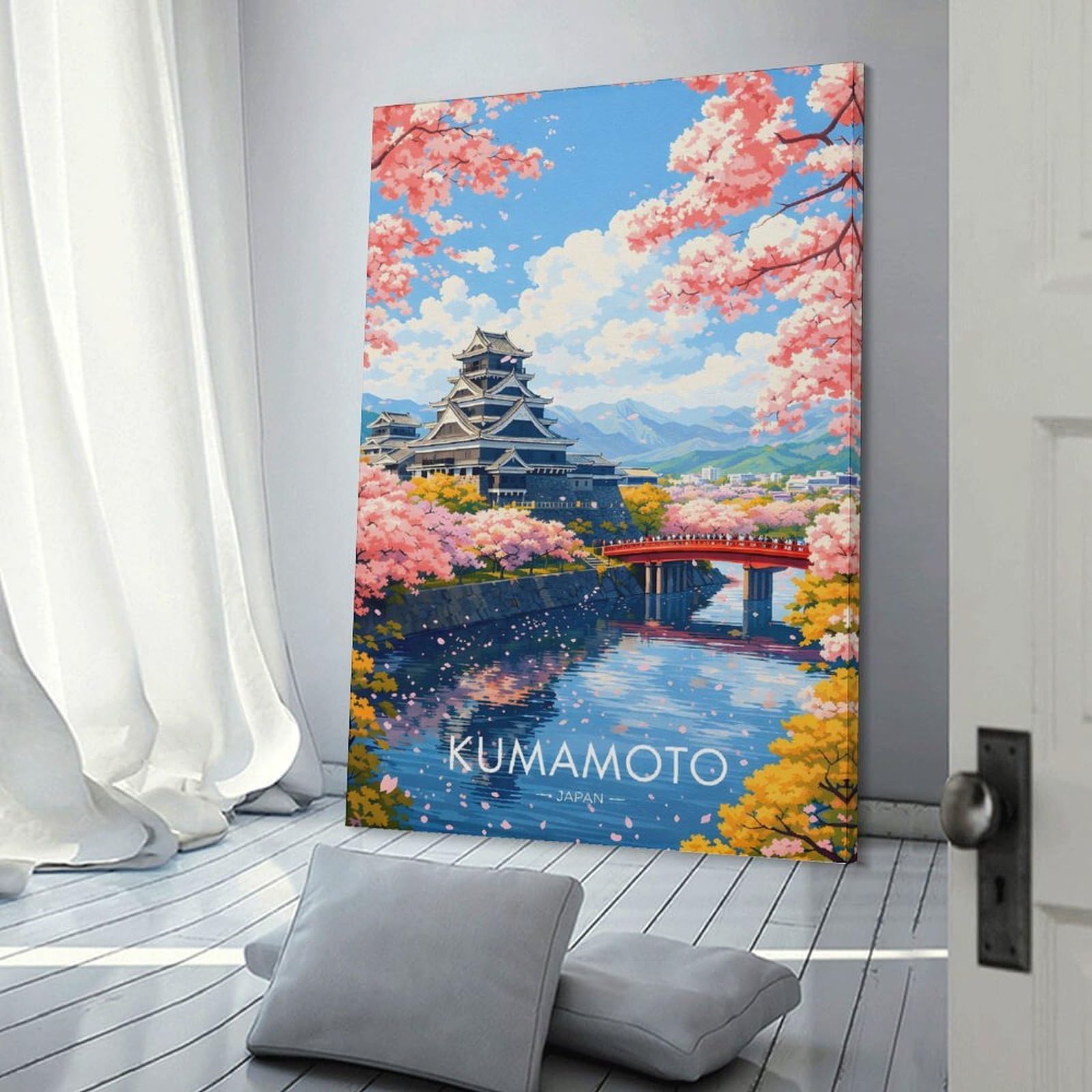 Junmoney Frame-Style-8 Kumamoto Castle With Cherry Blossoms Wall Art Print 24X36inch(60X90cm), For Lounge, Study, Hallway Or Flat Walls, Decorative Artwork With Broad Appeal