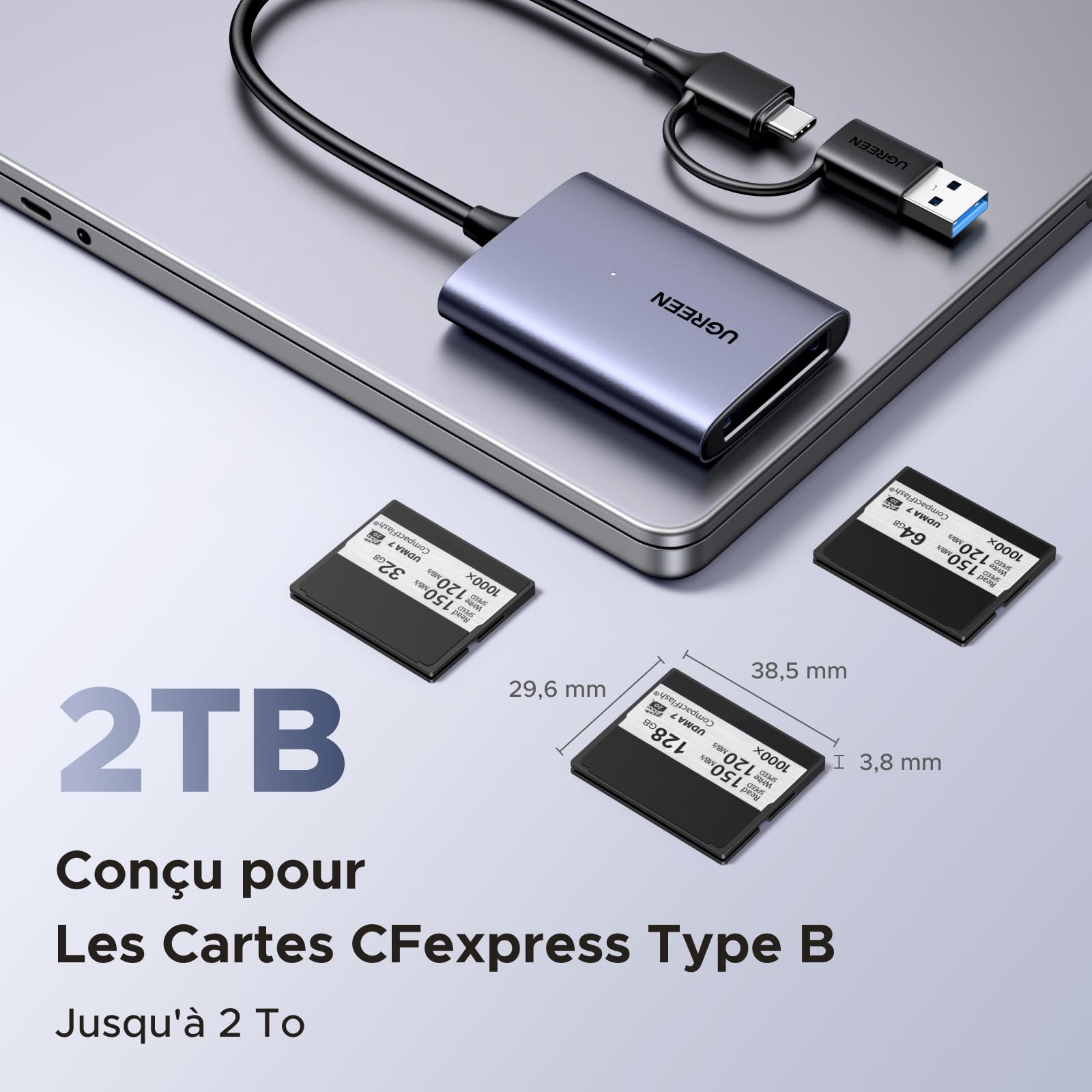 UGREEN Lecteur de Carte CFexpress Type B USB A et USB C 3.2 Gen 2 Mâle 10Gbps Adaptateur Carte Mémoire CFe Type B 1250MB/s Théorique Compatible avec MacBook iPad Pro Air iPhone 17 Air Pro Max 16