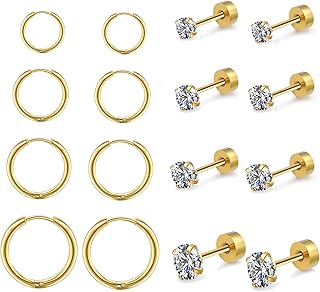 Earring Sets for Multiple Piercing 316L Surgical Stainless Steel Hoop Earrings 14K Gold Plated Cubic Zirconia Round Studs Earrings Hypoallergenic Cartilage Huggie Hoop Earrings（8 Pairs）