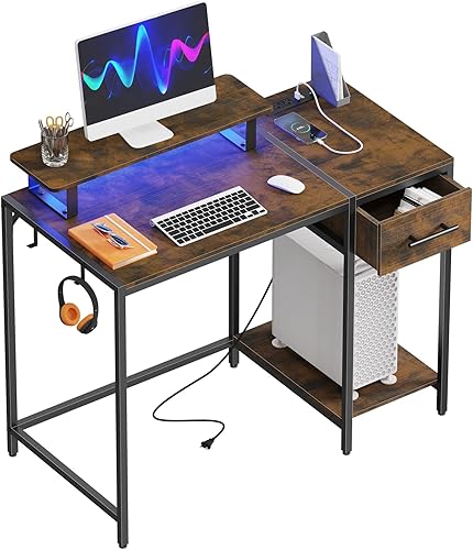 Lkeiyay Escritorio pequeño con cajones de madera, escritorio para juegos de 40 pulgadas con luces LED y tomas de corriente, escritorio de
