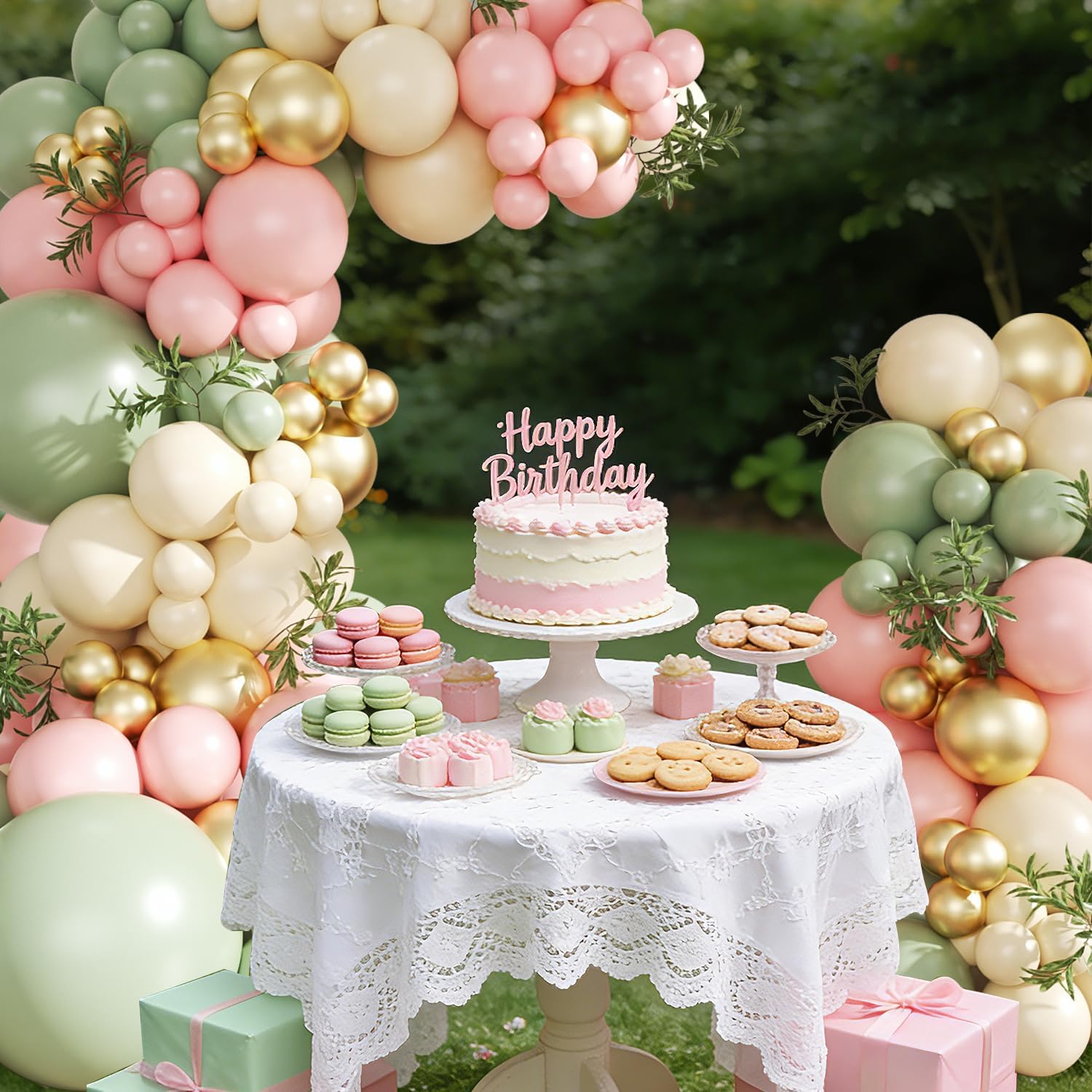 Pink and Green Gold Balloon Arch Kit, 124Pcs Pink and Sage Green Balloon Arch Garland Kit with Gold Sand White Balloons for Baby Shower Bridal Shower Wedding Gender Reveal Birthday Party Decorations