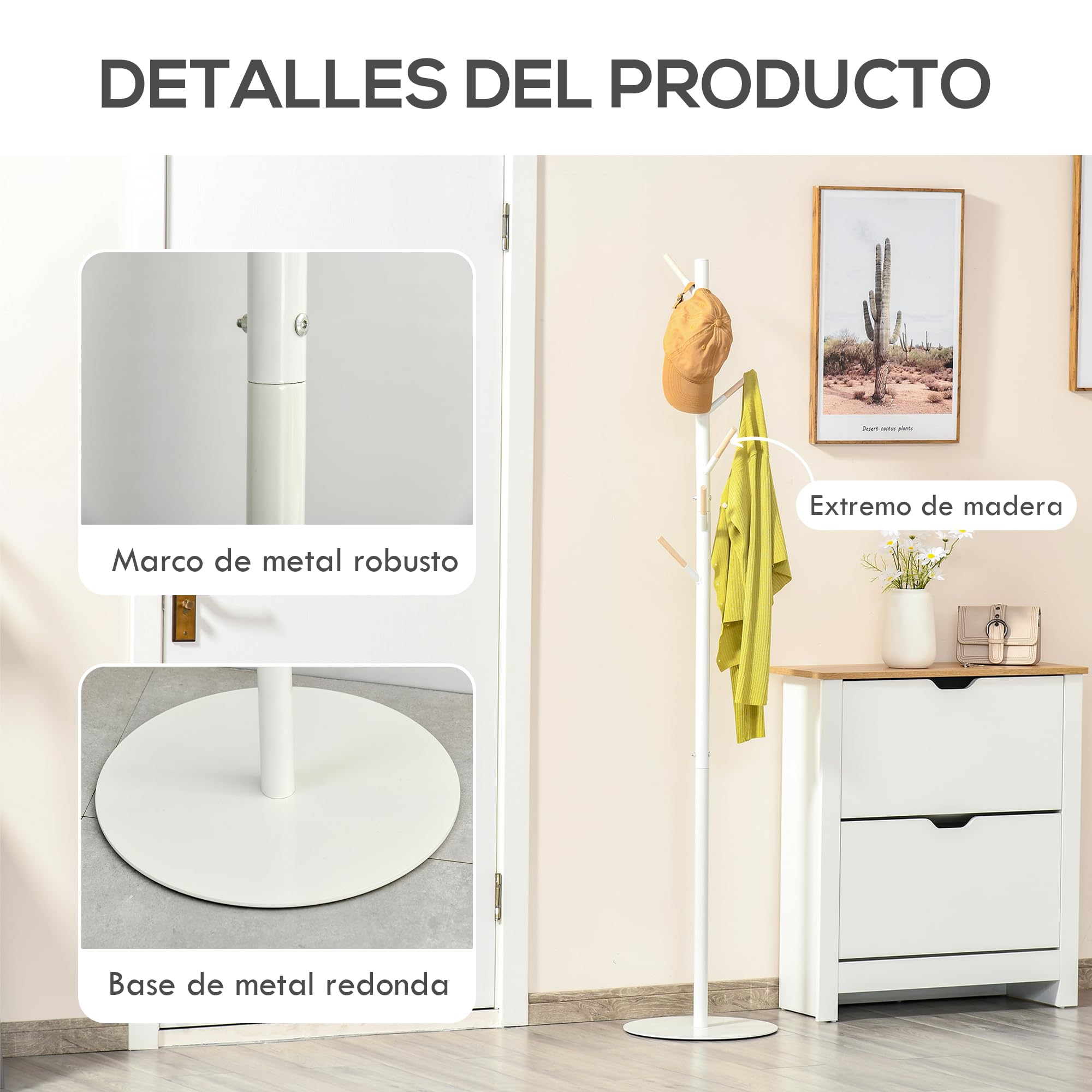HOMCOM Perchero de Pie con 6 Ganchos de Madera Perchero de Árbol para Ropas, Bolsas y Bufandas, Marco Metálico para Dormitorio, Salón o Entrada 35x35x174 cm Blanco