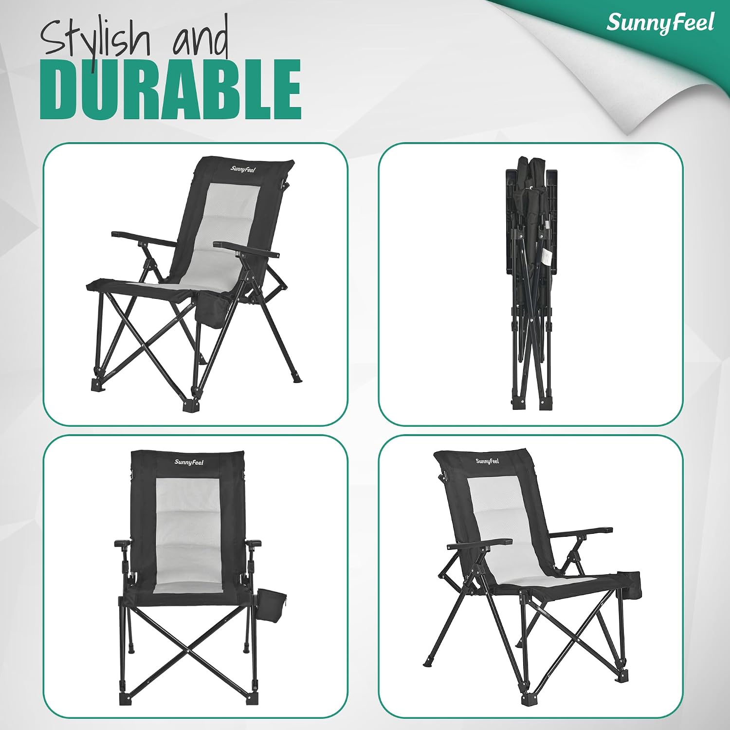 SUNNYFEEL Ergonomic High Back Camping Chair 500lbs Heavy Duty Folding Chair UV-Resistant Portable Camp Chair with Hard Armrests, Cup Holder＆ Bag for Outdoor, Basebal, Travel, Sports, Hiking, Fishing