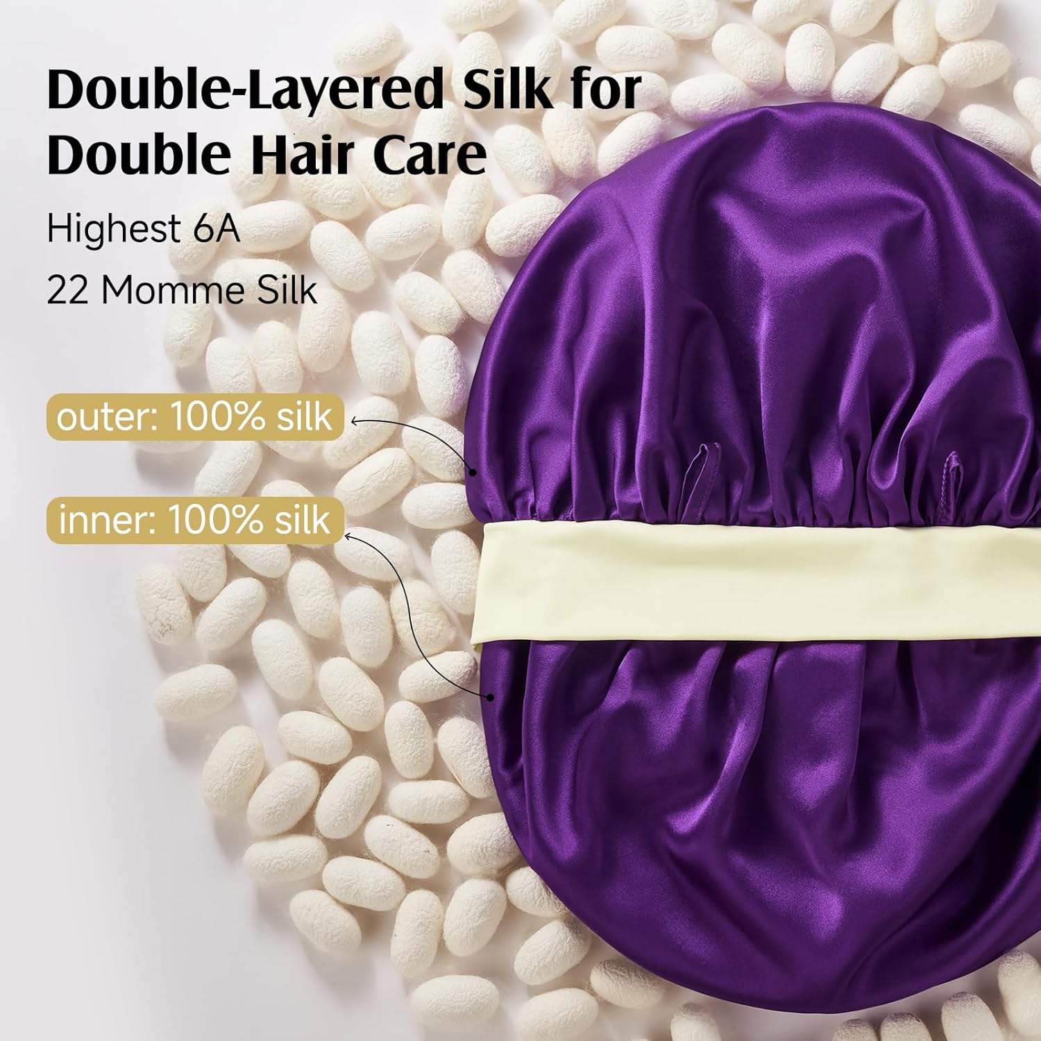 YFONG 100% 22 Momme Mulberry Silk Bonnet for Sleeping Women, Larger Double Layer Silk Hair Wrap for Curly Short Long Hair, Non-Slip Sleep Cap Turban with Elastic Tie Band (Purple & Yellow) - Image 2