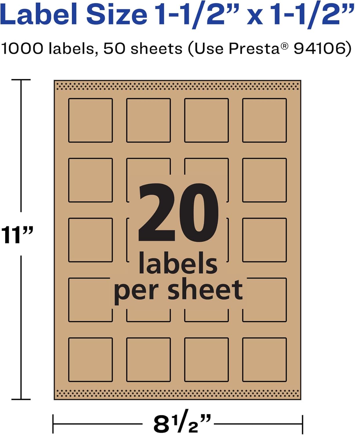 Avery Kraft Brown Square Labels, Sure Feed Technology, 1.5" x 1.5", 1,000 Kraft Brown Labels, Print-to-The-Edge, Laser/Inkjet Printable