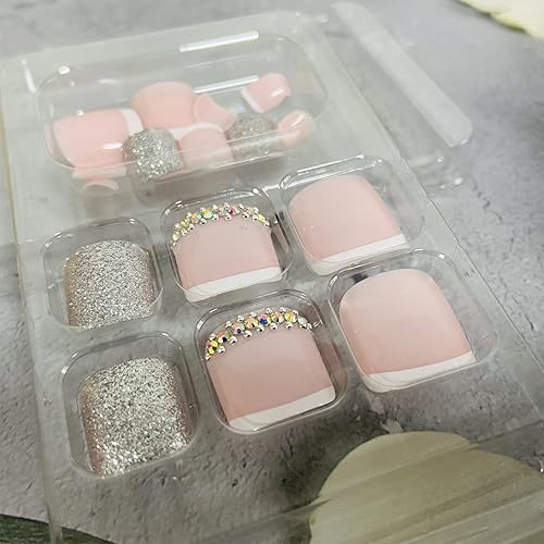 Miniatura 4 de Uñas postizas a presión, puntas blancas cuadradas, uñas postizas con purpurina, diseños de diamantes de imitación, uñas postizas de cobertura