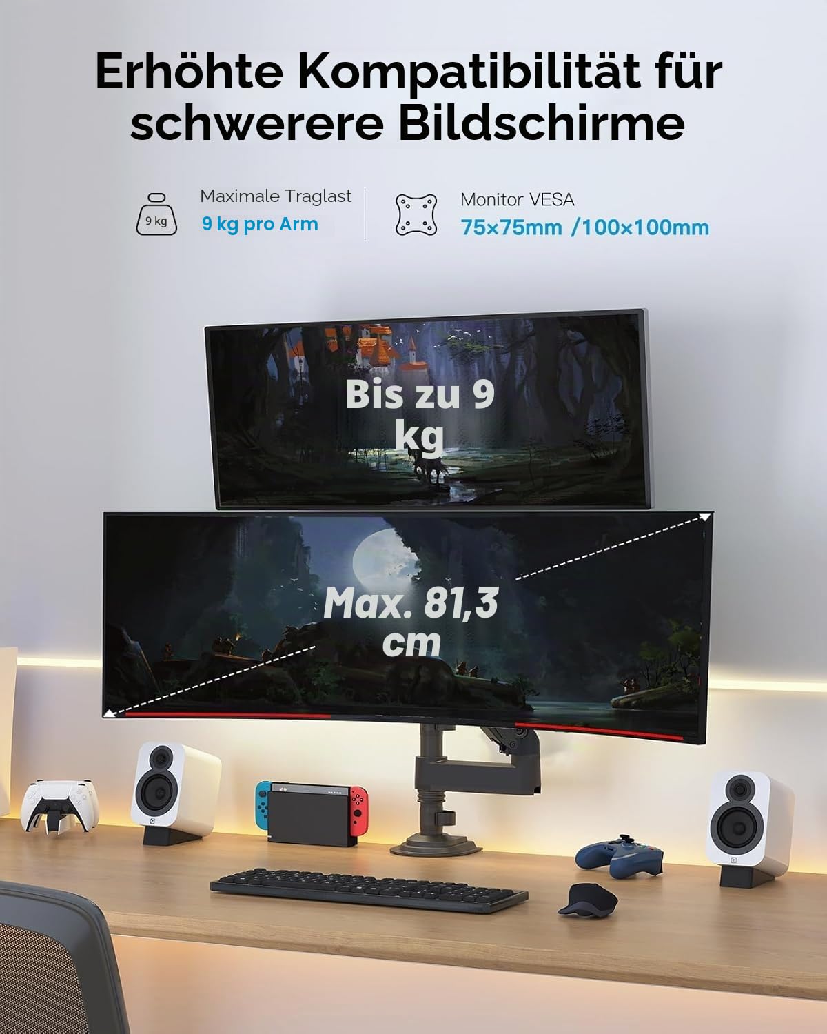 HUANUO Monitor Halterung 2 Monitore für 13-32 Zoll Bildschirm, Gaming Monitorhalterung 2 Monitore Höhenverstellbar mit 9KG Pro Arm, Bildschirmhalterung Neigbar Schwenkbar, VESA 75/100mm