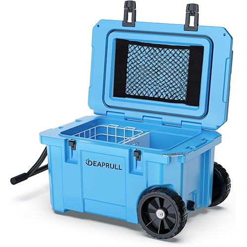 55 Quart Cooler with Wheels, Ice Chests Portable Camping Cooler Holds Ice up to 6 Days, Leak-Proof Outdoor Insulated Cooler with Handle, Cup Holders, Hard Cooler for Camping, Beach, Boat