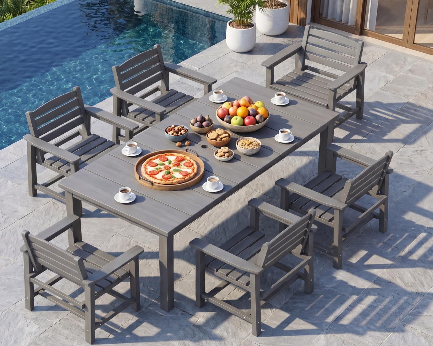 7-Piece Grey Outdoor Dining Set for 6, 75.2'' HDPE Table with Umbrella Hole & Chairs, Weather-Resistant Patio Furniture for Garden, Lawn, or Poolside
