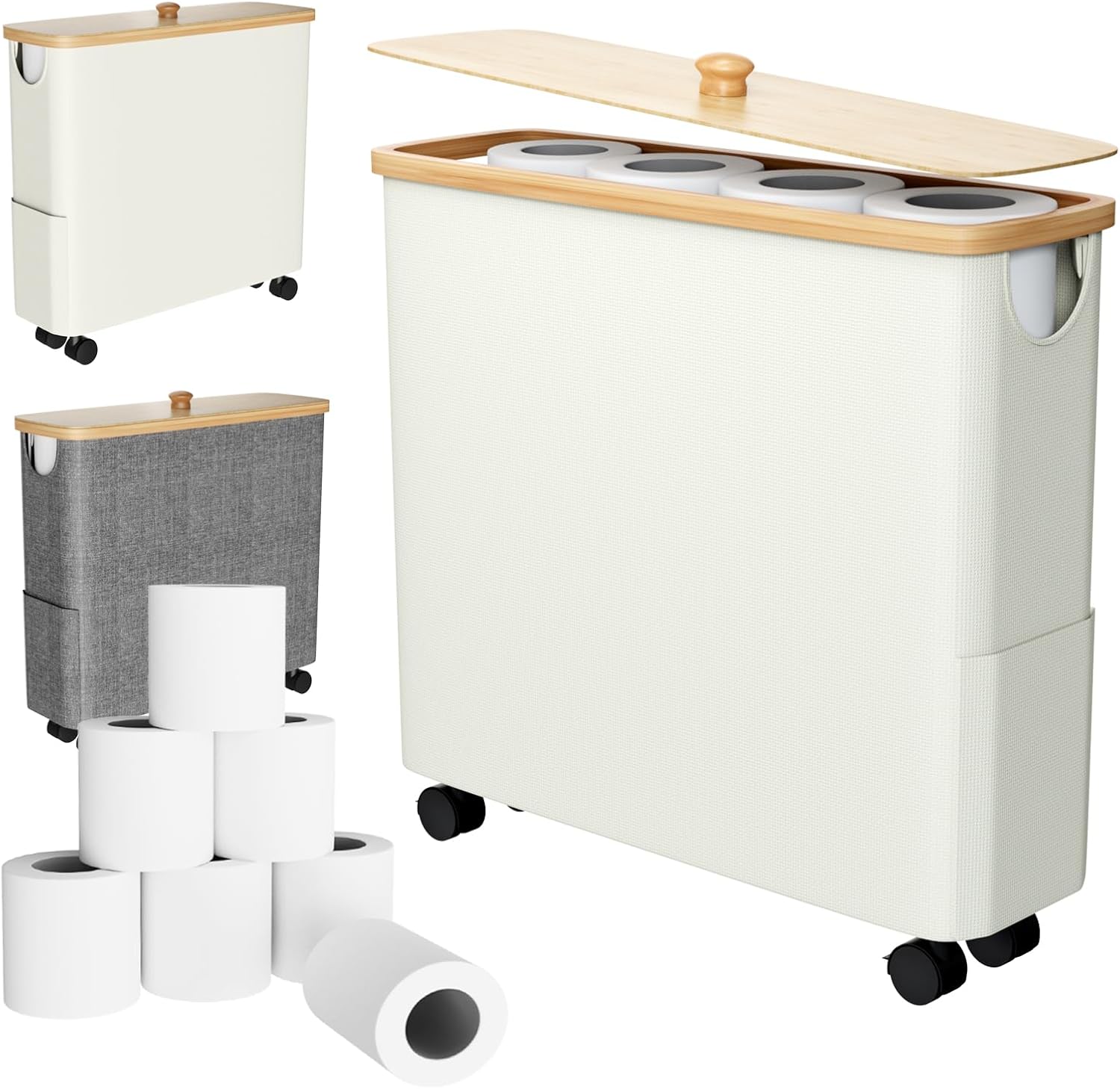 Bamboo Toilet Paper Storage with Lid and Wheels, Bathroom Toilet Storage Basket with Handle, Paper Storage Basket Holder for up to 9 Rolls, Beige, 1 Pack