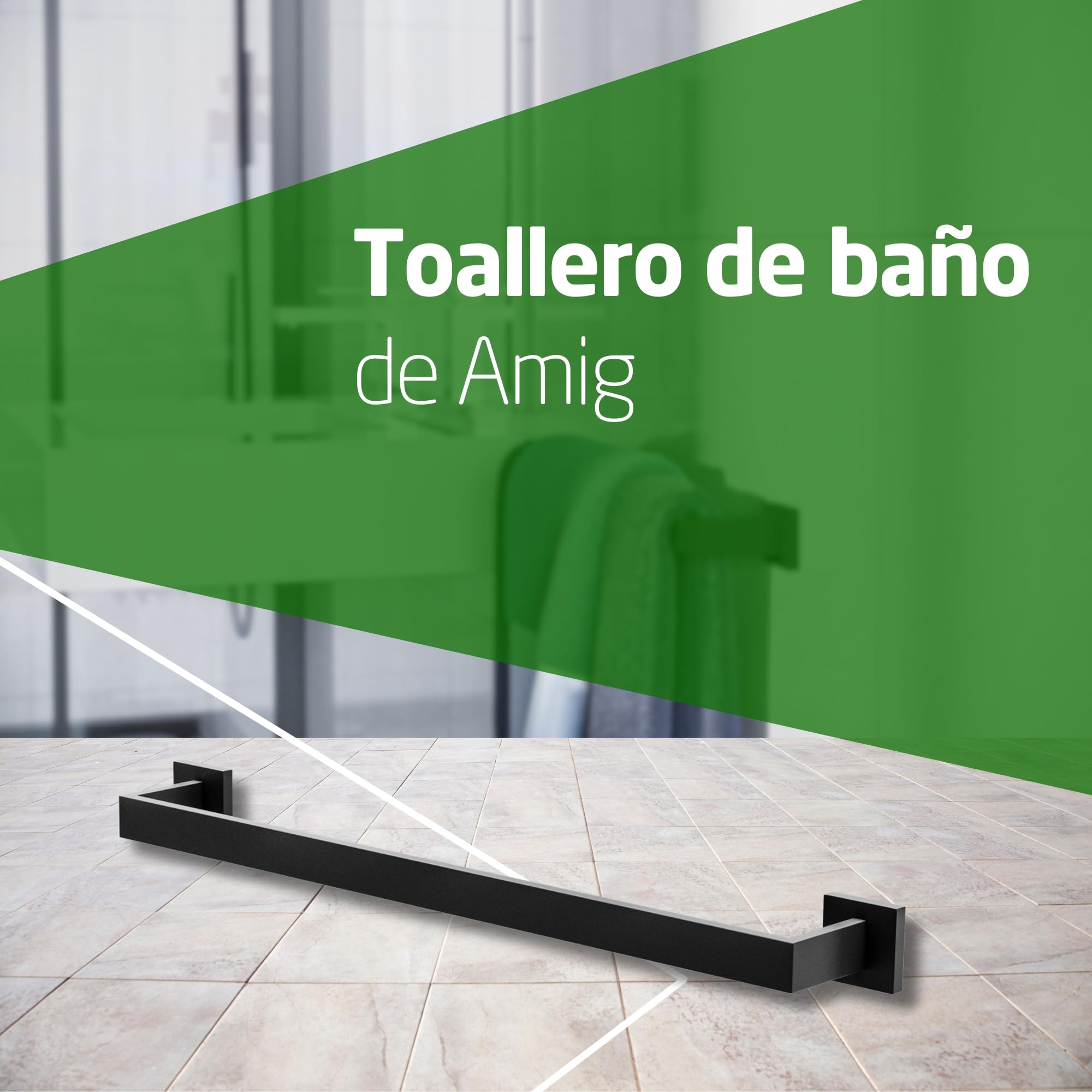Amig - Toallero de baño Mod. Isla-1 - Soporte de Pared para Toallas con Tornillos incluidos - 600 x 80 x 55 mm - Acero Inoxidable - Negro Mate