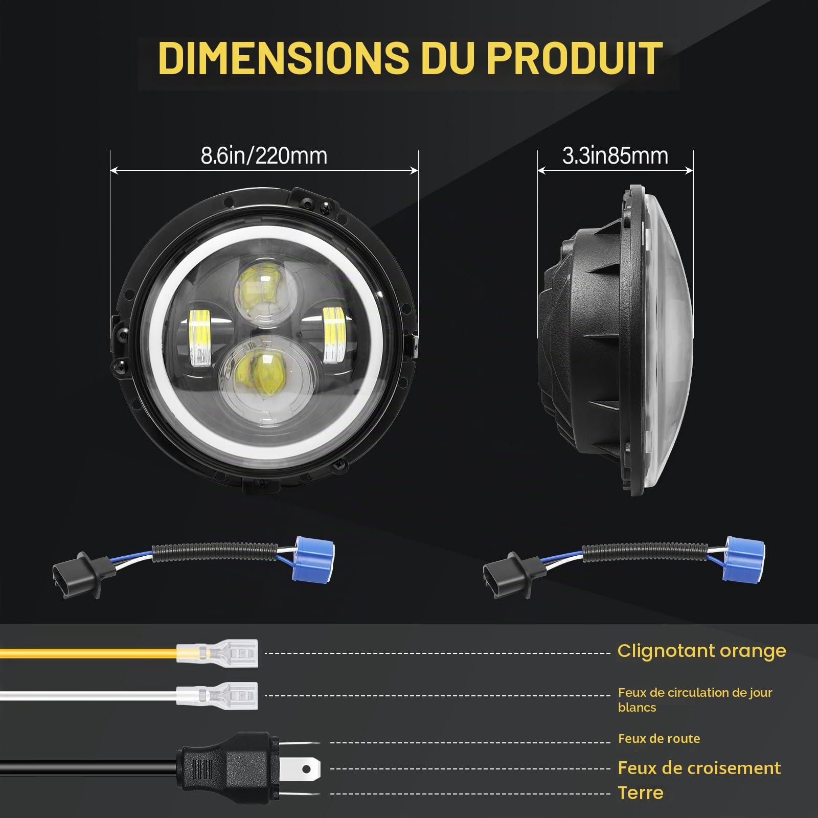 SKYWORLD 2 x 7 pouces 50W Rond Phare Auto Moto LED avec Anneau de Montage