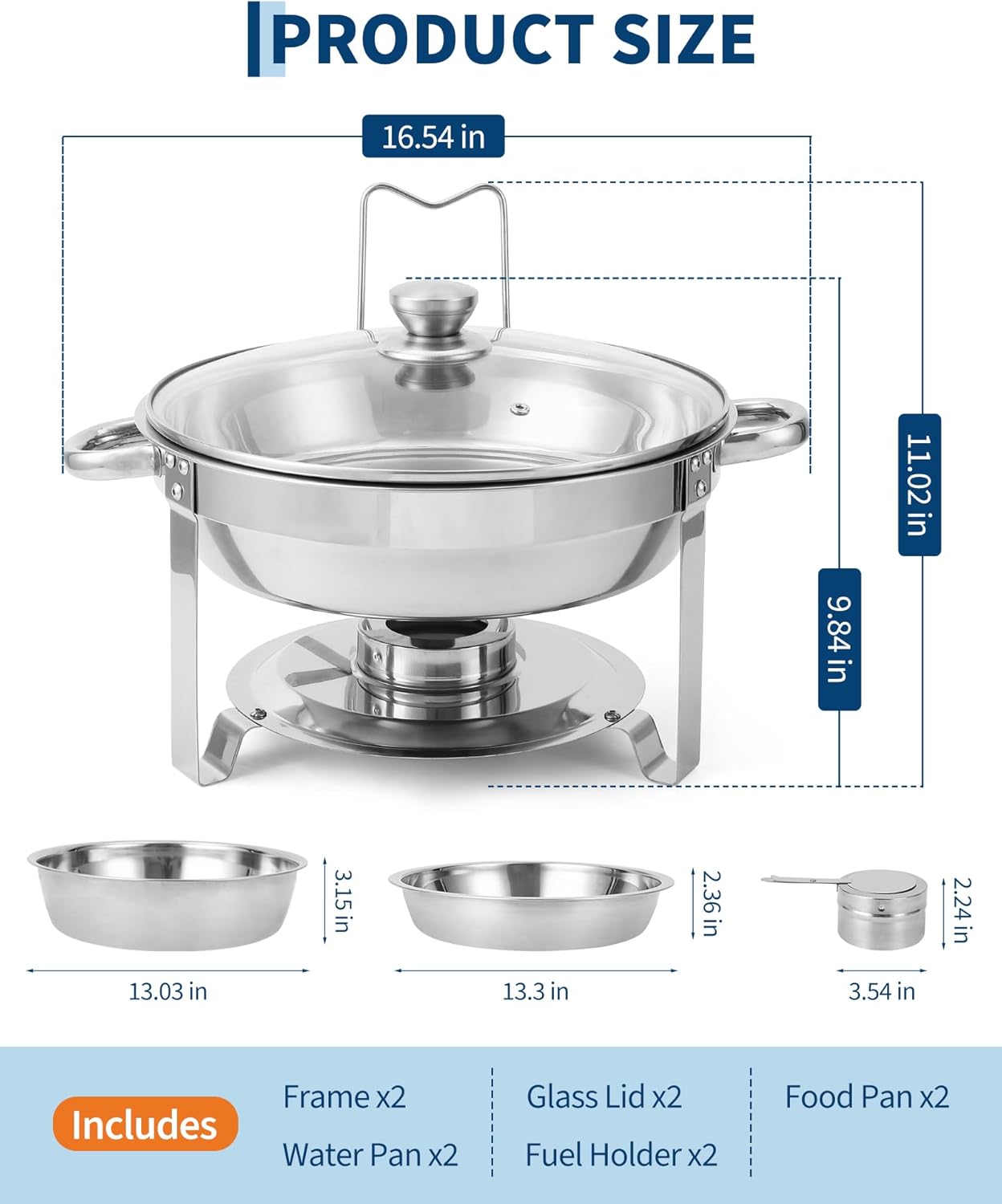 GarveeTech 2 Pack 5QT Chafing Dish Buffet Set, Stainless Steel Round Chafing Dish for Buffet with Lid Holder & Visible Glass Lid, Food Warmer with Food & Water Pans for Party Catering Wedding, Silver