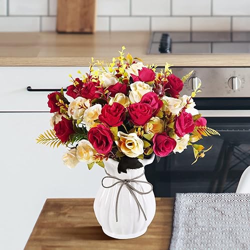 Miniatura 5 de LIVILAN Rosas artificiales con jarrón de cerámica, 4 ramos de rosas artificiales, rosas de seda falsas, arreglo de flores de seda para bodas,