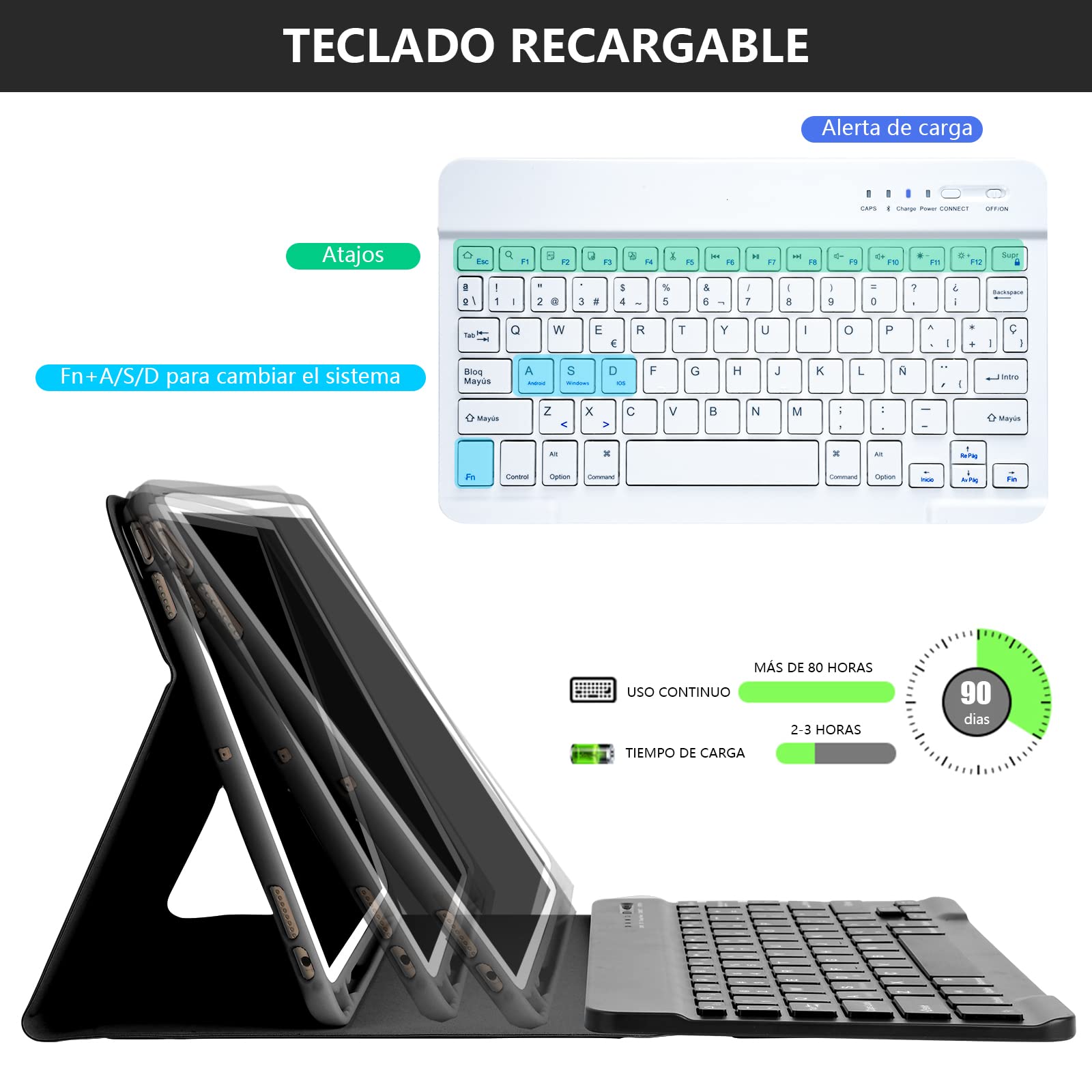 HOTLIFE Funda con Teclado para iPad 10.2 9th Gen 2021/iPad 8th 2020/iPad 7th 2019, Español Ñ con Inalámbrico Desmontable Teclado (QWERTY) para iPad Pro 10.5 2017/iPad Air 3 2019(Negro)