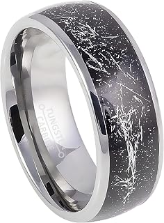8mm Men’s Tungsten Wedding Band, Metallic Shavings on Black Carbon Fiber Inlay Comfort-Fit Dome Anniversary Ring