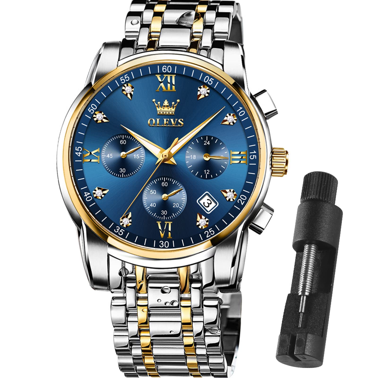 OLEVS Mens Watches Waterproof Stainless Steel Adjustable Bracelet Watch Quartz Analog Watch for Men Fashion Business Classic Mens's Wrist watch's Casual Watches Gold/Blue/Black/White/Face/Dial