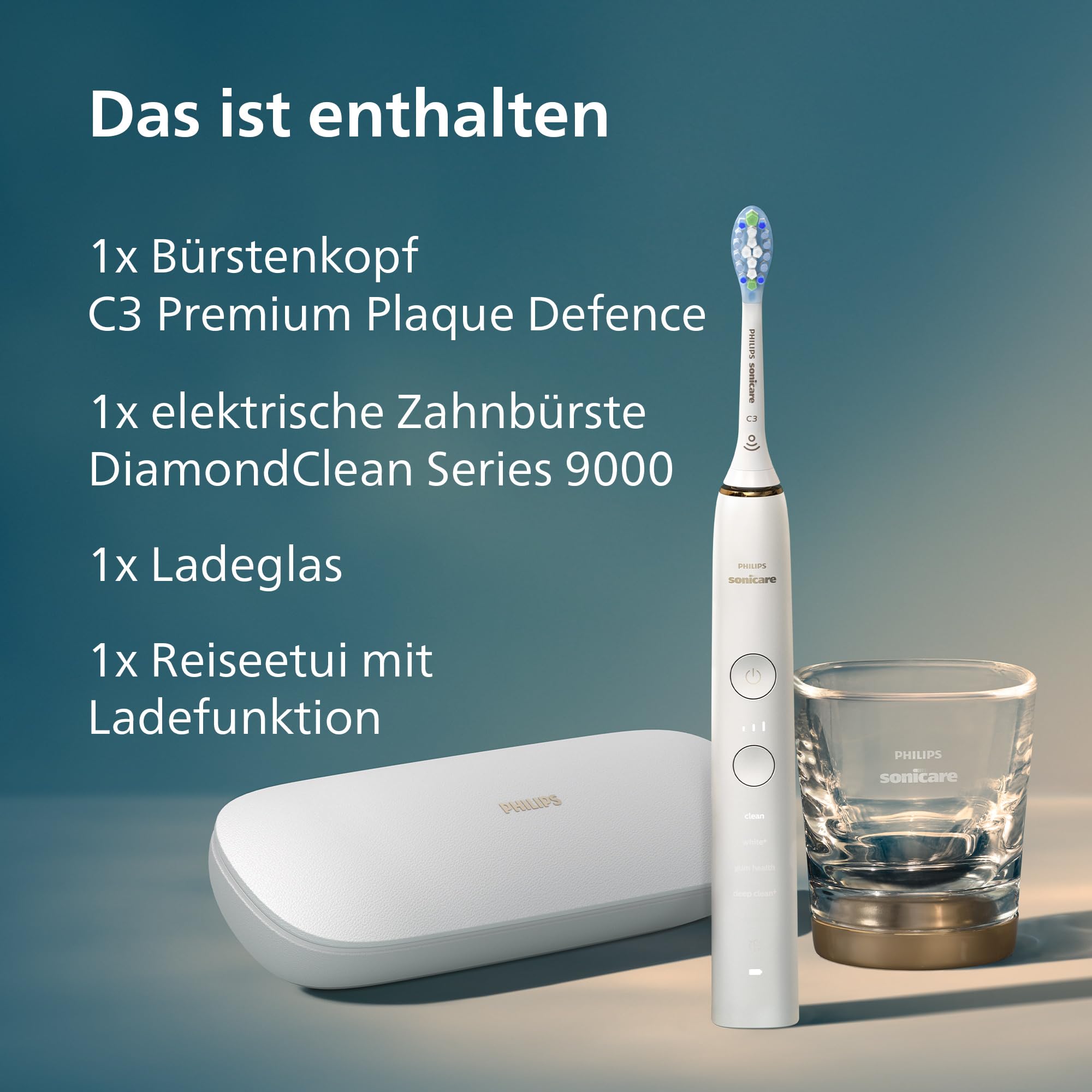 Philips Sonicare DiamondClean 9000 elektrische Zahnbürste, Schallzahnbürste mit App, Drucksensor, 4 Putzmodi, 3 Intensitätsstufen, Ladeglas und USB-Reiseetui, Roségold, Modell HX9911/94