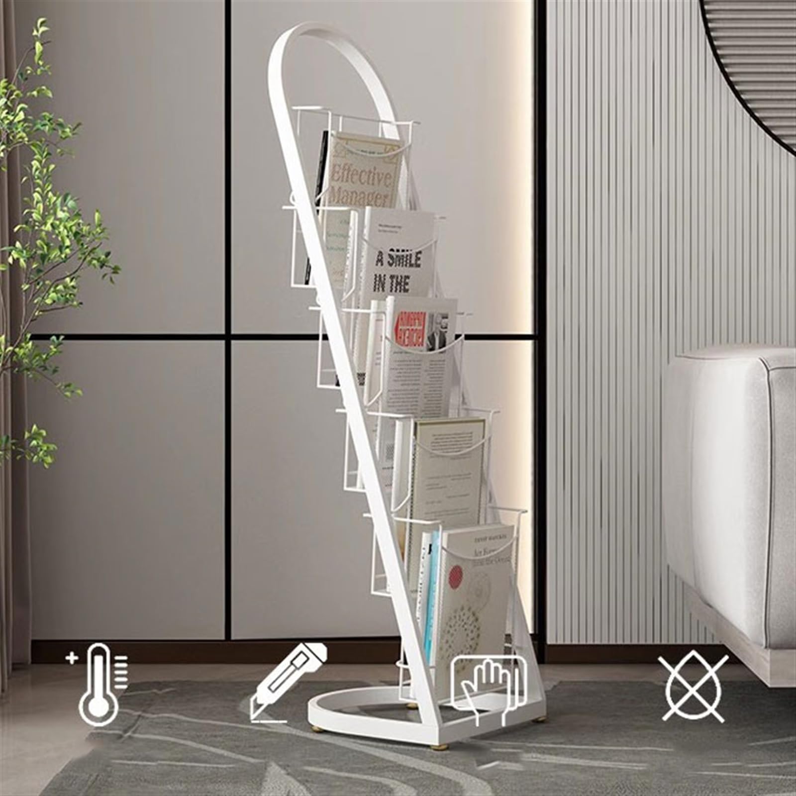 Portariviste da Pavimento in Metallo con espositore per brochure, Organizer per Libri e Porta opuscoli, Grande portariviste Nero per organizzare riviste e Libri (Bianco L)