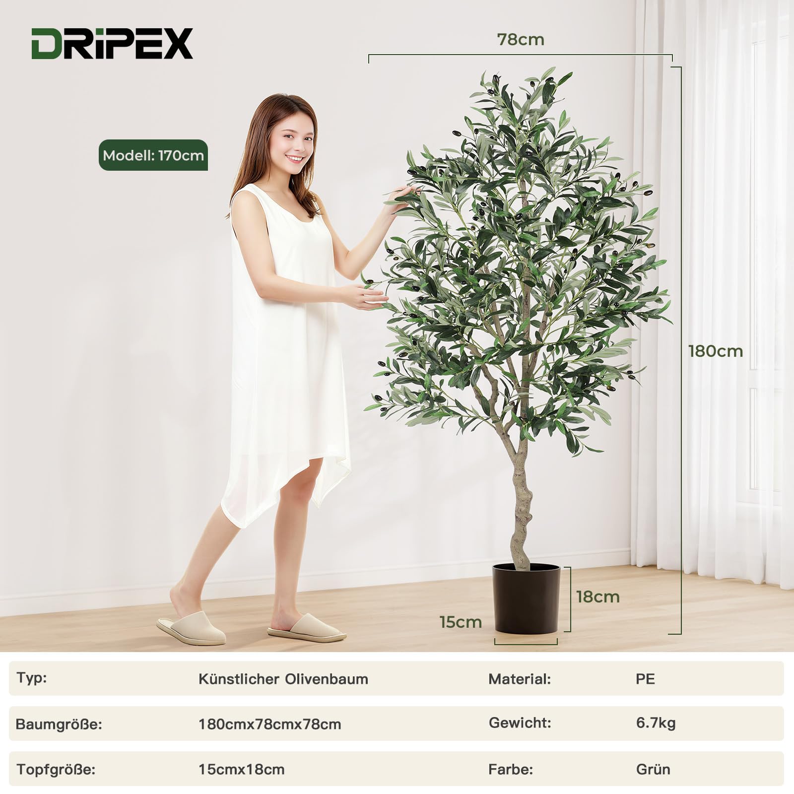 Dripex Olivenbaum Künstlich 180cm, Kunstpflanzen Groß für Wohnzimmer, Büro | Pflegefre, wasserdicht, flexibel in der Platzierung und nach Bedarf anordnbar