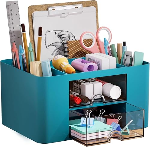 Marbrasse Organizador de bolígrafos con 2 cajones, soporte multifuncional para escritorio, organizadores de escritorio y accesorios con 5