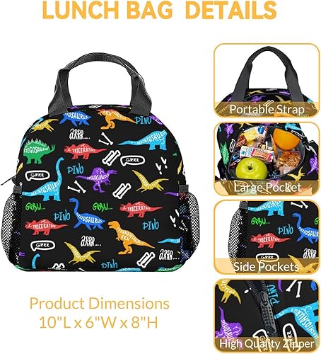 Miniatura 10 de Lonchera de dinosaurio para niños, lonchera aislada para niñas, lindas bolsas de almuerzo rosadas con correa para el hombro, pequeña bolsa