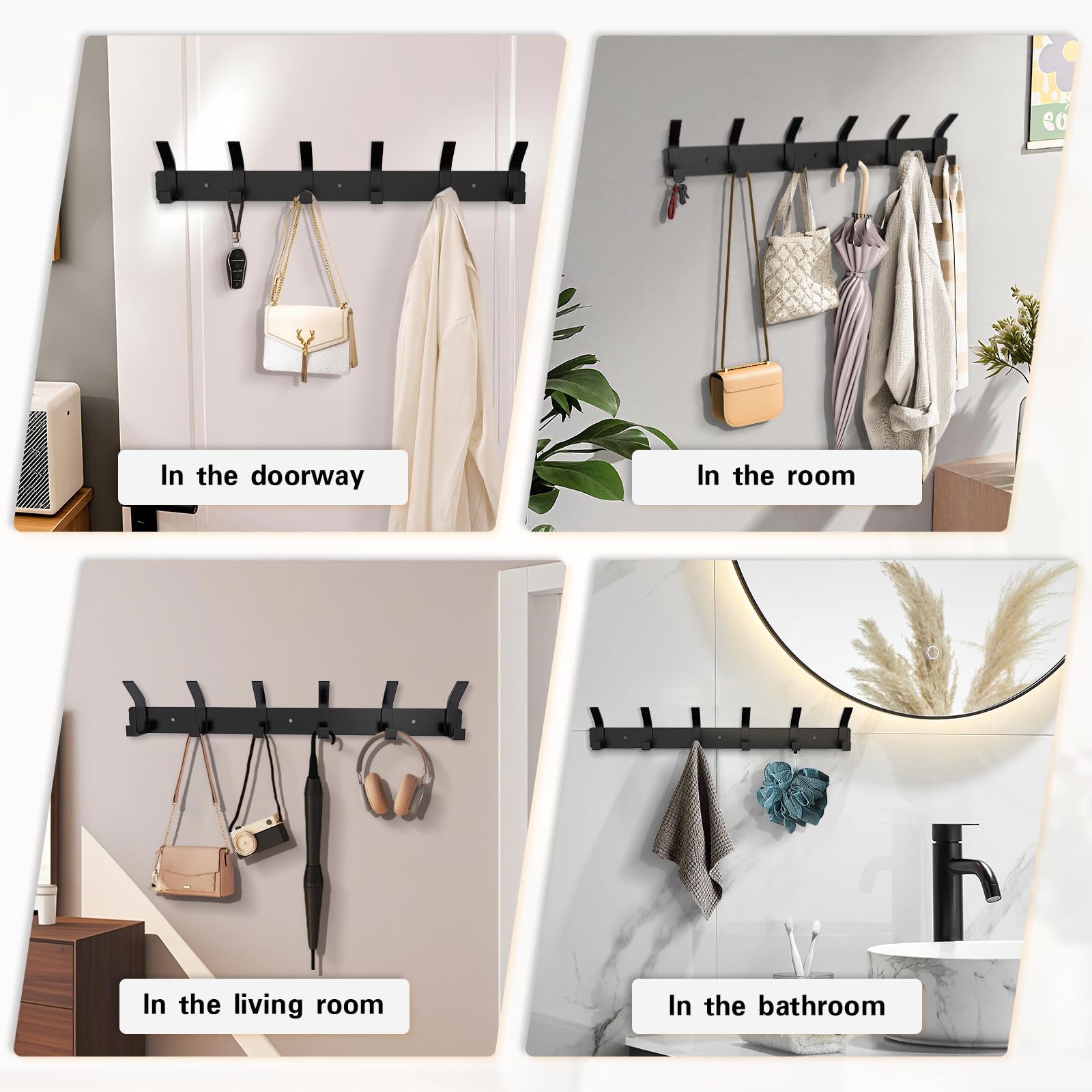 Lot de 2 patères murales avec 6 crochets en métal porte-manteau mural pour chambre à coucher, salle de bain, cuisine (noir)