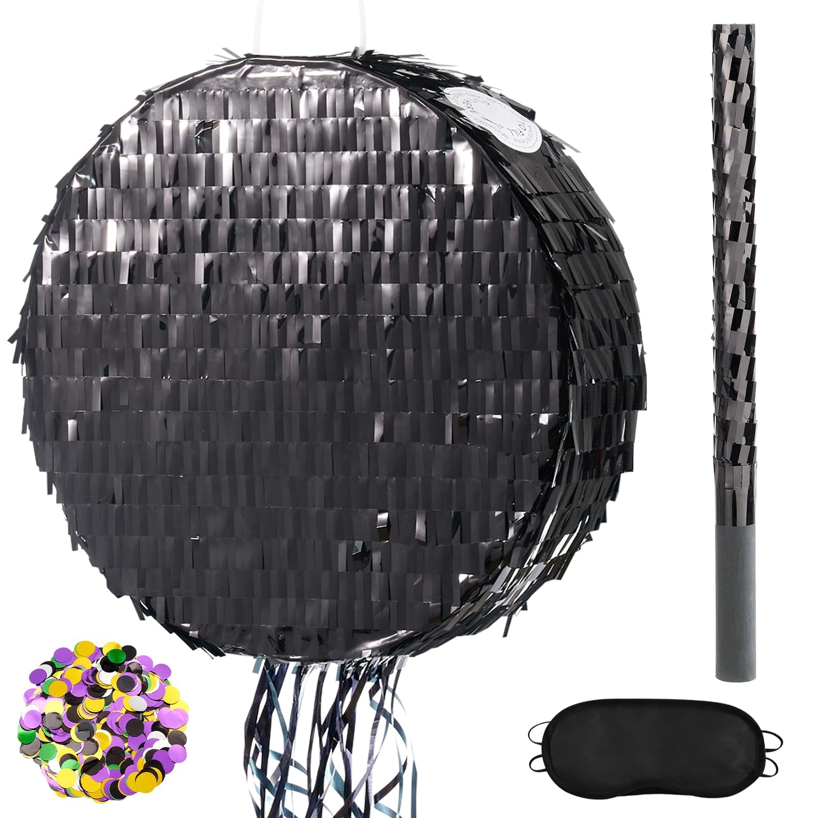 WERNNSAI Black Round Piñata for DIY - Halloween Black Moon Piñata for Kids DIY Birthday Party Disco Decoration for Adult Night Party Supplies with Confetti Bat Blindfold, 12.2”x 12.2” — image 1