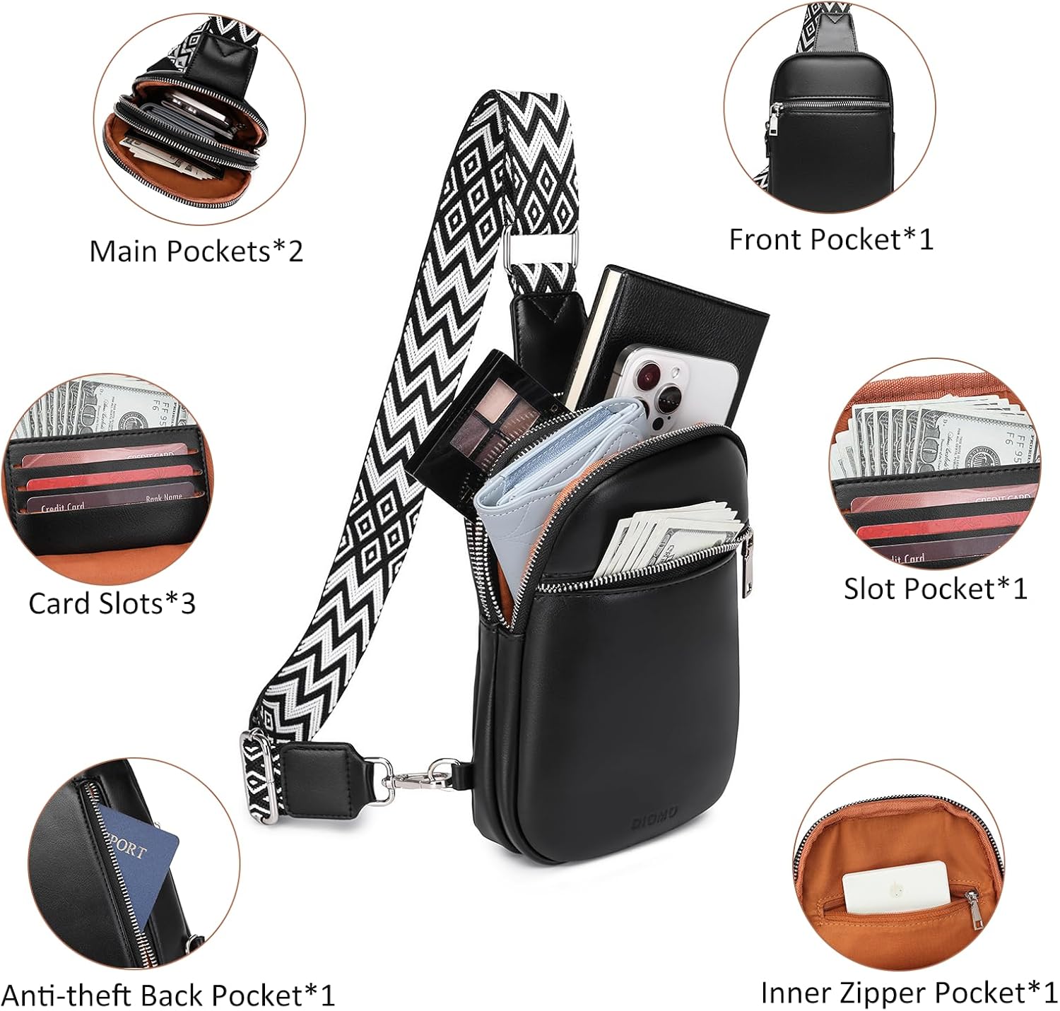 DIOMO Anti Theft Small Sling Bag for Women Cross Body Bag Trendy, RFID Fanny Packs Vegan Leather for Women Travel Belt Purse - Image 4