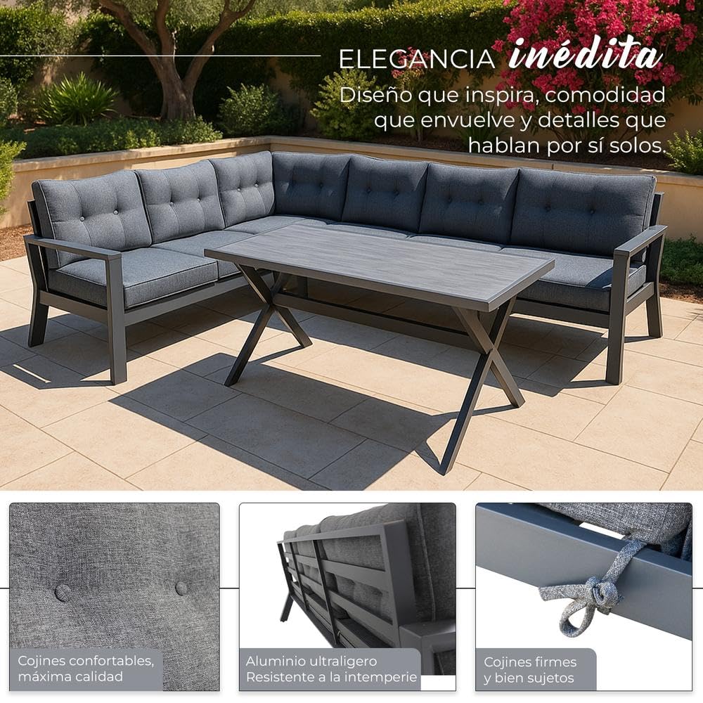 YOEVU - Conjunto de Jardín 7 Plazas | Aluminio Resistente al Óxido | Sofá Esquinero Modular | Cojines Desenfundables | Mesa Amplia y Funcional, Extra Grande (Gris)