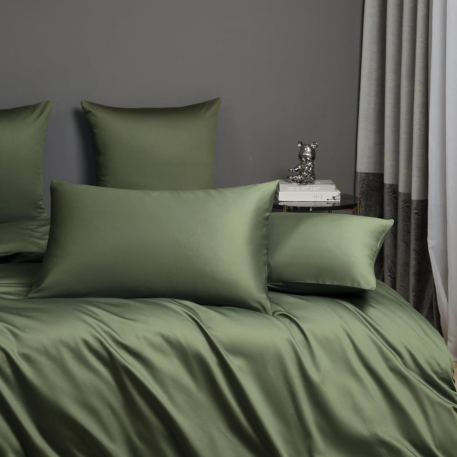 Olive Green Cotton Duvet Cover Set King 100% Long-Staple Cotton Sateen Bedding Set, Soft Breathable Smooth Organic Pure Cotton Plain Comforter Cover, Luxury Minimalist Bedroom Decor for All Season