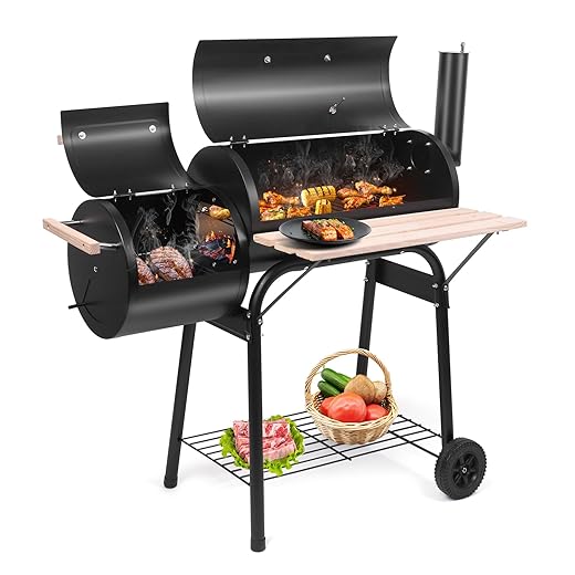 Outvita Charcoal Grill and Offset Smoker, Outdoor Patio Barbecue Cooker with Wheels, Portable Backyard BBQ Oven with Side Fire Box for Camping, Picnic, Party