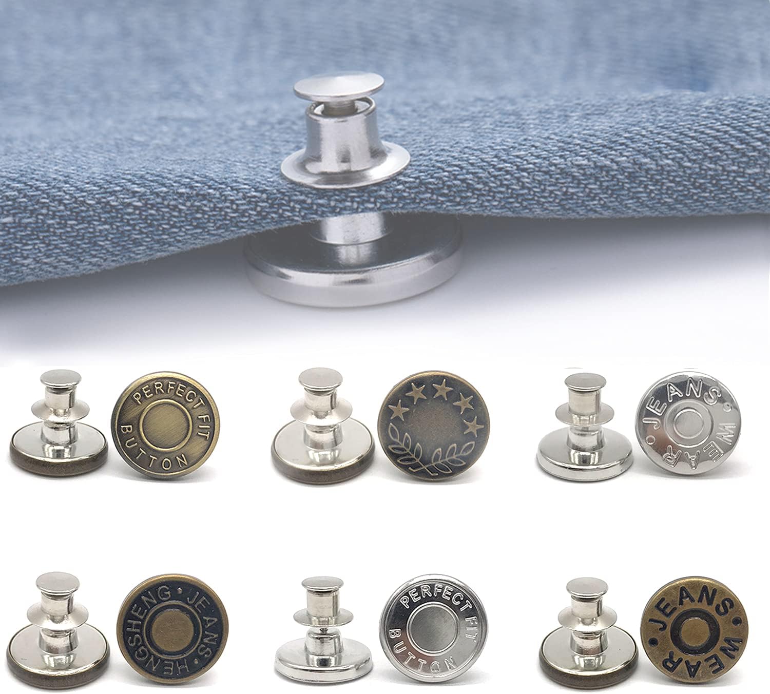 6 Pcs Instant Jean Button Pins,Adjustable Pant Waist Tightener,No Sew and No Tools for Pants, Simple Installation, Reusable and Adjustable(Style 1)