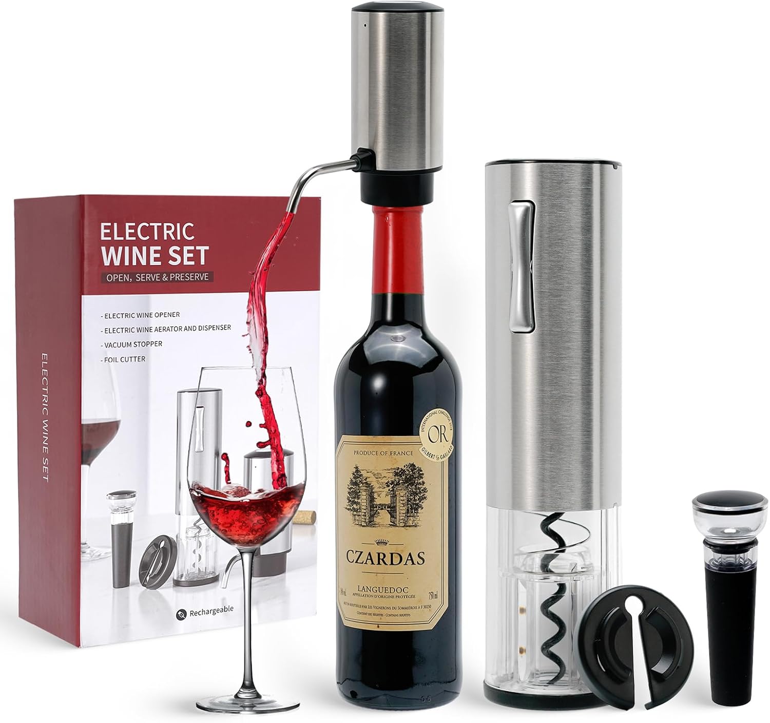 Electric Wine Opener, Automatic Electric Wine Bottle Corkscrew Opener Rechargeable with Foil Cutter, Automatic Aerator, 1 Vacuum Stoppers for Home Bar Parties Wedding Gifts (Stainless Steel)