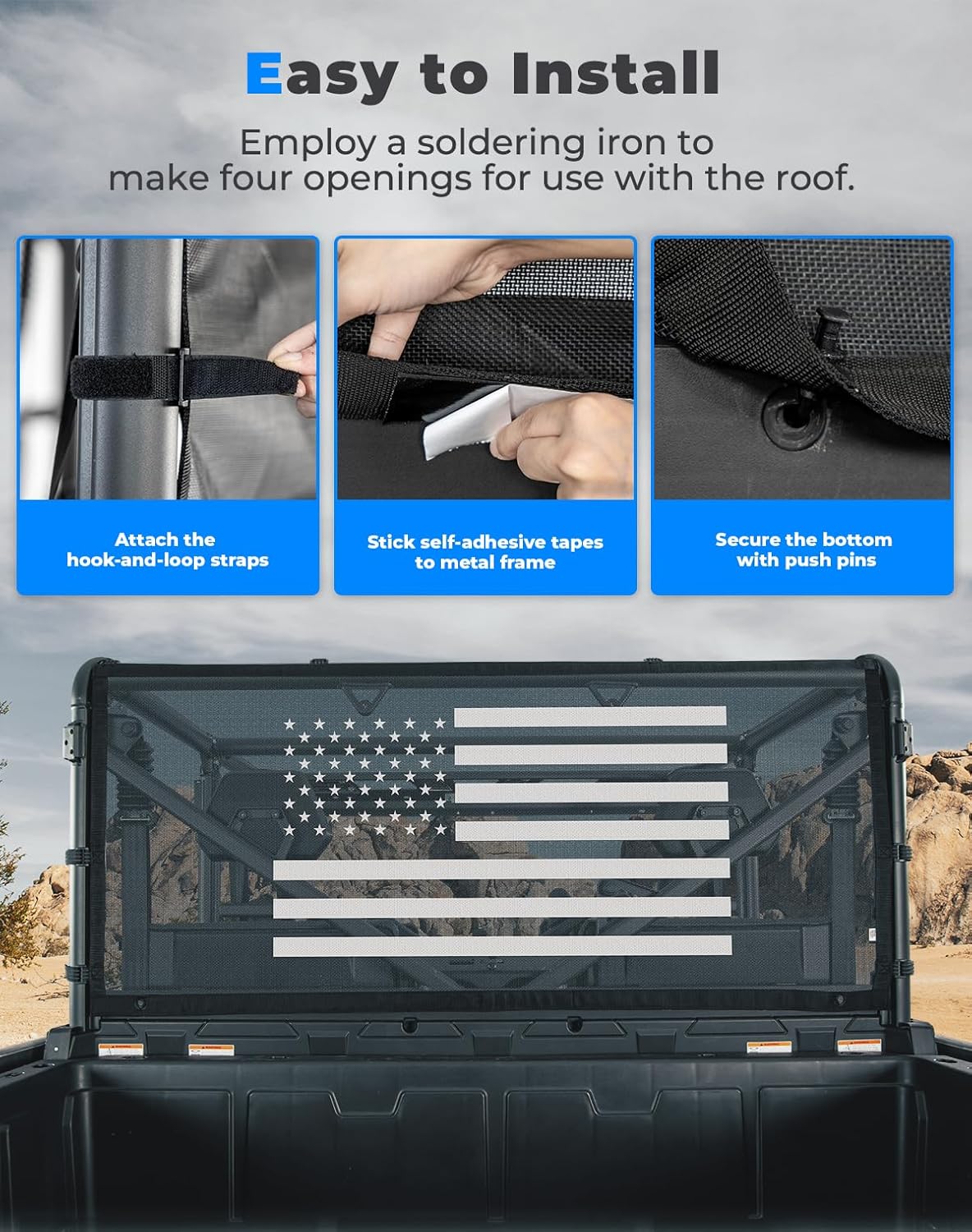 KEMIMOTO Rear Window Net Compatible with CFMOTO UForce 1000/1000 XL 2019-2026, Sun Shade Back Window Rear Net Mesh Dust Screen with Old Glory Flag Print 1000 Accessories