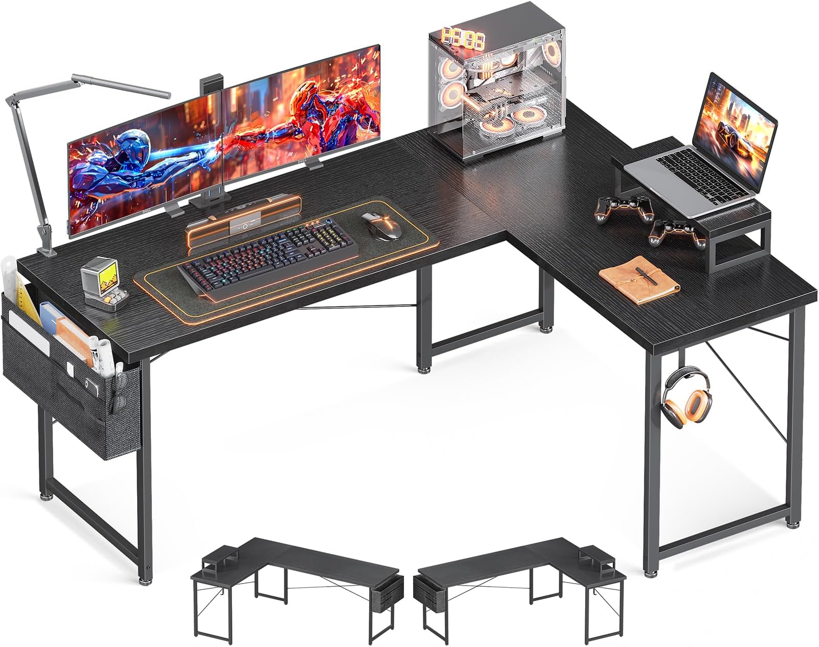 Casaottima L Shaped Computer Desk with Storage Bag, 57.5 Inch Reversible Gaming Table, Home Office Corner Desk with Monitor Shelf, Space-Saving Writing Workstation Desk, Easy to Assemble, Black