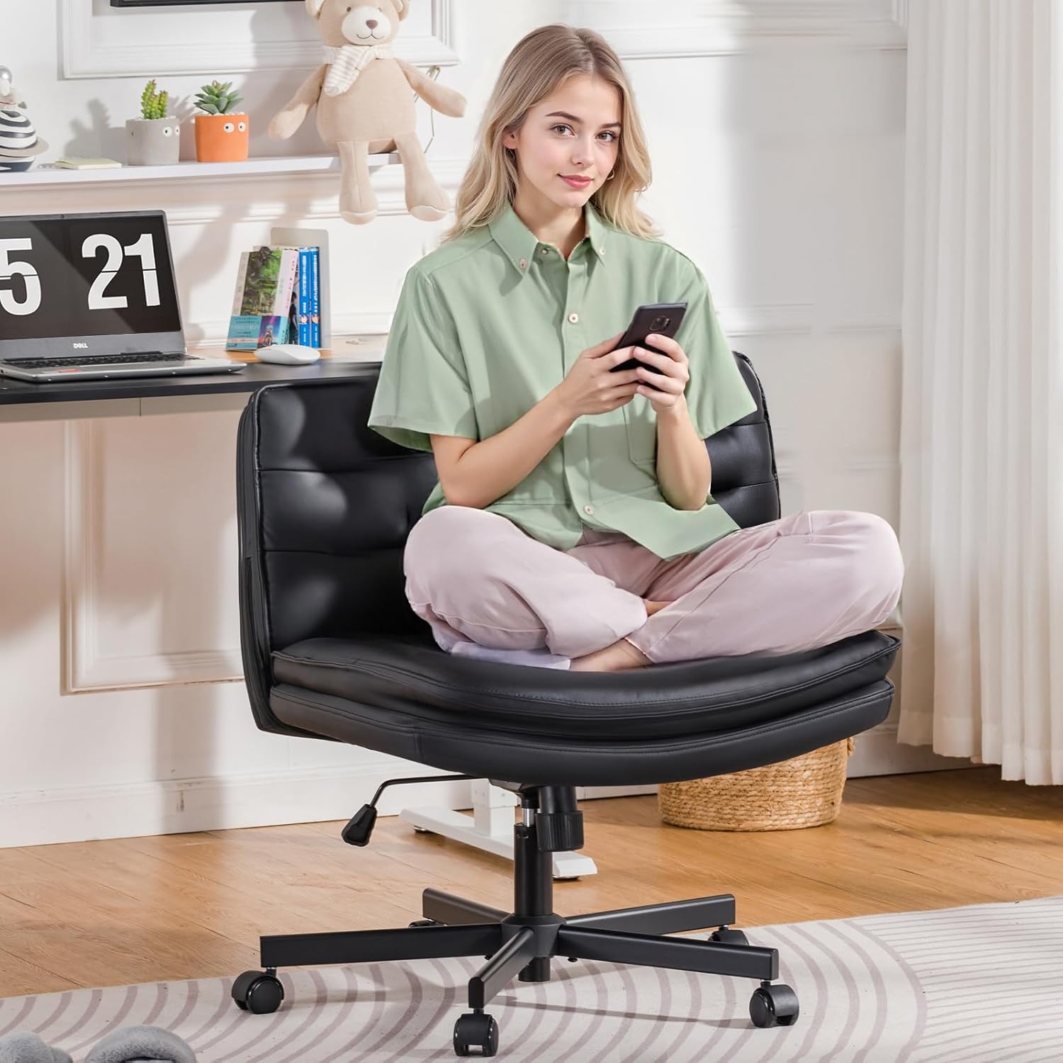 GTRACING Criss Cross Legged Office Chair with Wheels, Extra Wide Armless Comfy Desk Chair for Home Bedroom, 2 Layer Cushion Large Seat & Back Support X-Legged Chair, Black PU Leather Adjustable Height