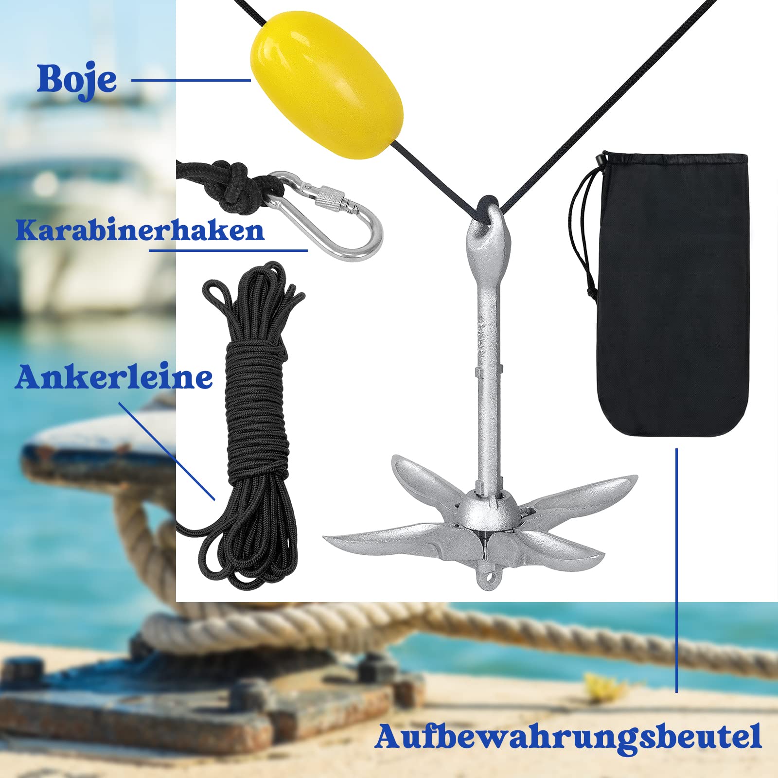 FIVMEN Bootsanker 1.5KG Anker Boot Tragbarer Faltanker mit 10m Seil und Kletterschnalle Boot Zubehör für SUP Schlauchboote Kajaks Paddelboards