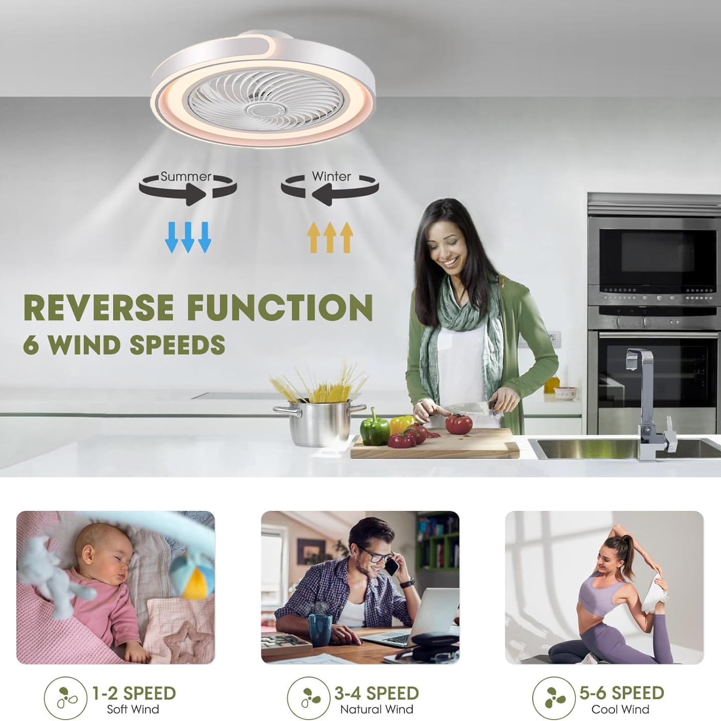 TYJY LED Leise Deckenventilator Mit Beleuchtung 70W Dimmbar Deckenleuchte Mit Ventilator Fernbedienung APP Timer 6-Gang Weiß