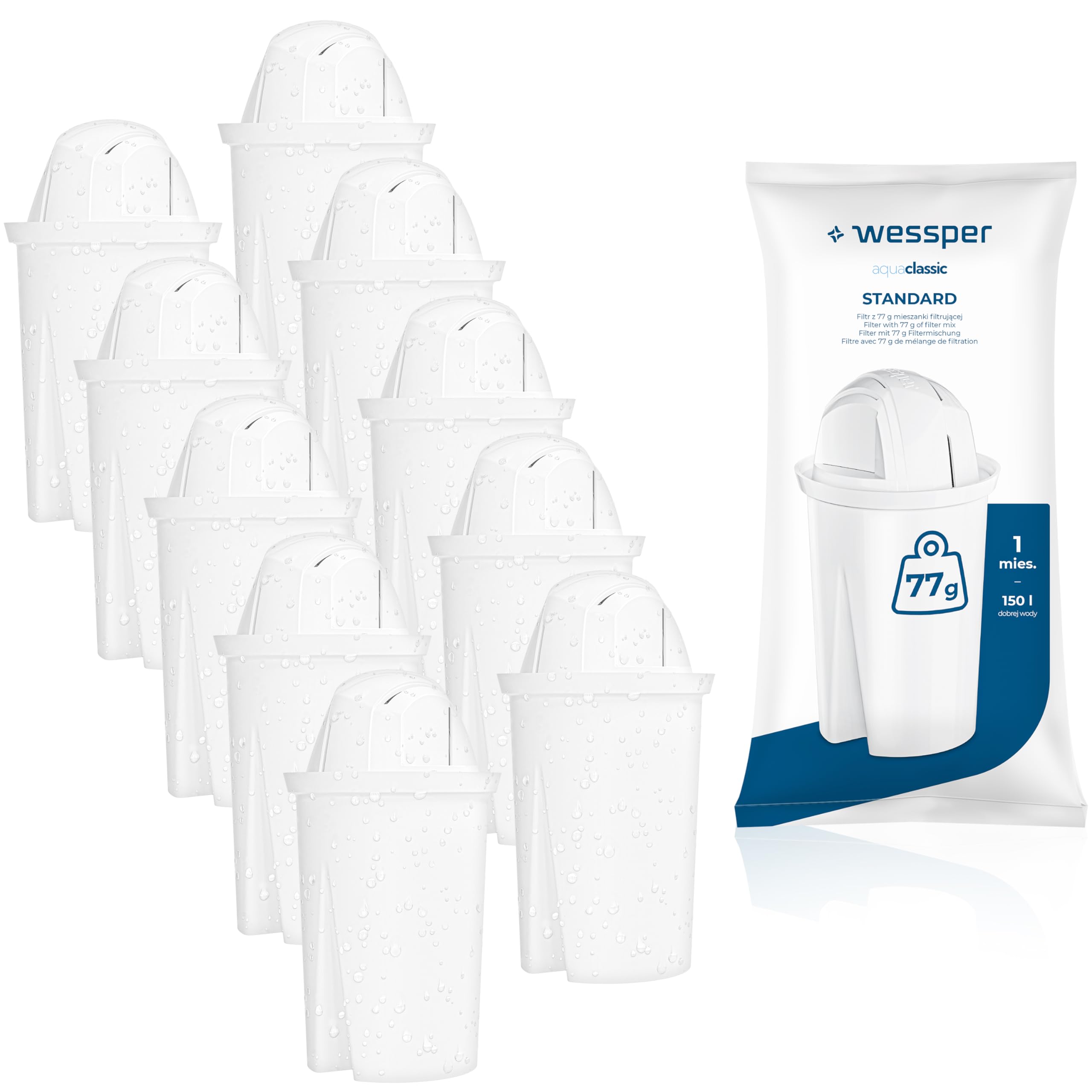 Wessper Filtres à eau Aqua Classic pour Carafe Filtrante, Cartouches filtrantes Compatible avec les Carafe Eau Dafi, Brita, Zelmer, Anna BWT, Laica, PearlCo, 10 pièces