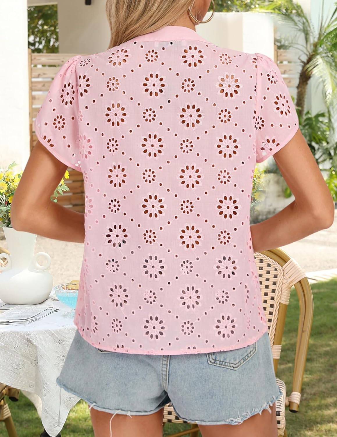 Kate Kasin Women Eyelet Spring Summer Tops, Dressy Casual Petal Short Sleeves Shirts, V Neck Lace Embroidered Blouses - Image 2