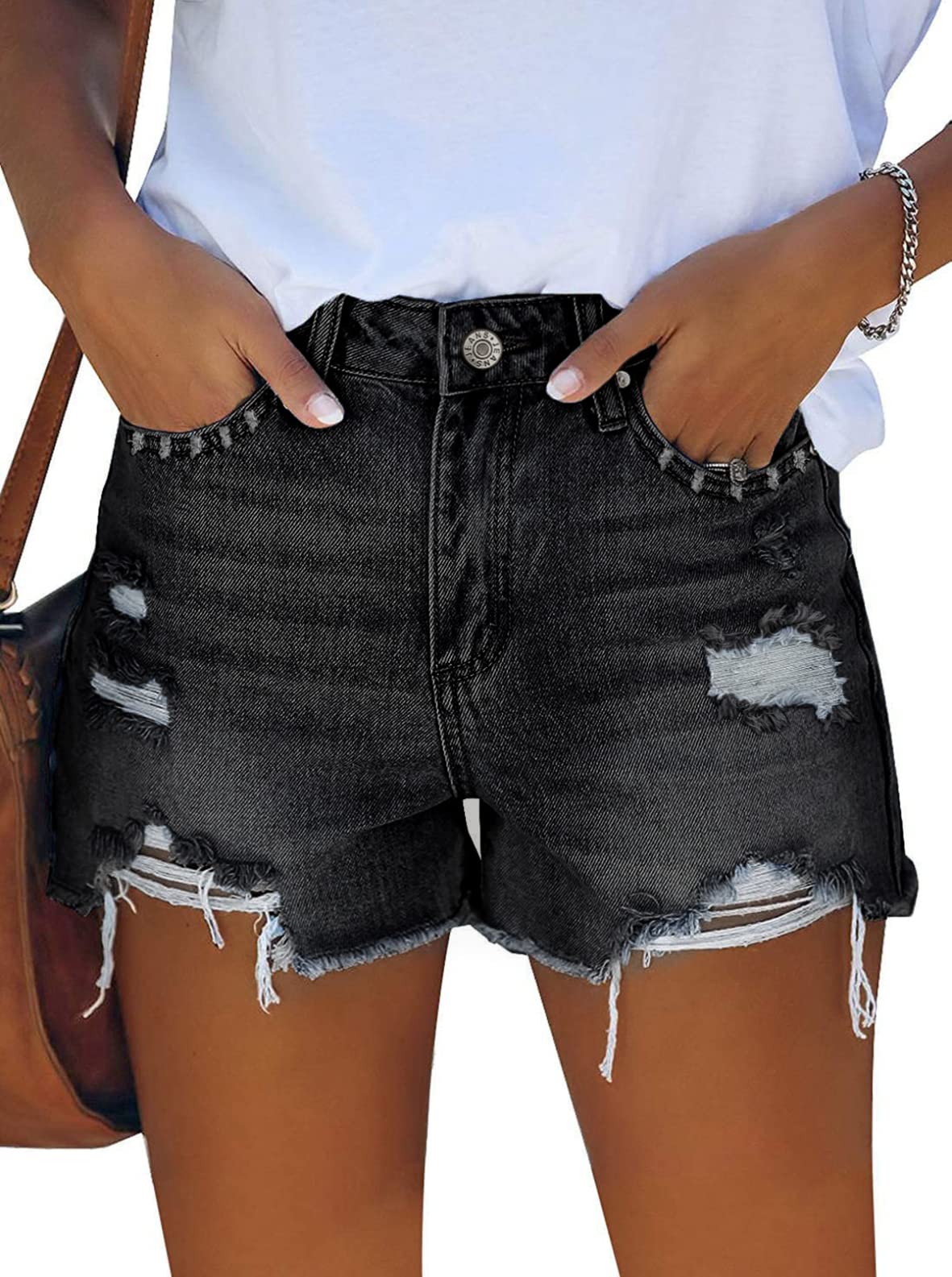 Sovoyontee Damen Hohe Taille Denim Shorts Lässig Sommer Hot Pants Distressed Jeans