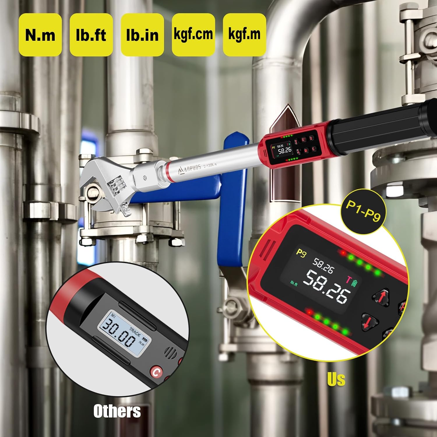 Adjustable Digital Torque Wrench, 1.5-99.6 Ft.lb/2-135 Nm, Hvac Torque Wrench with 45mm Jaw, 1/2 Drive Ratchet, ±1% Accuracy, Vibration, Buzzer and LED Indicator for Split AC, Moto, Car