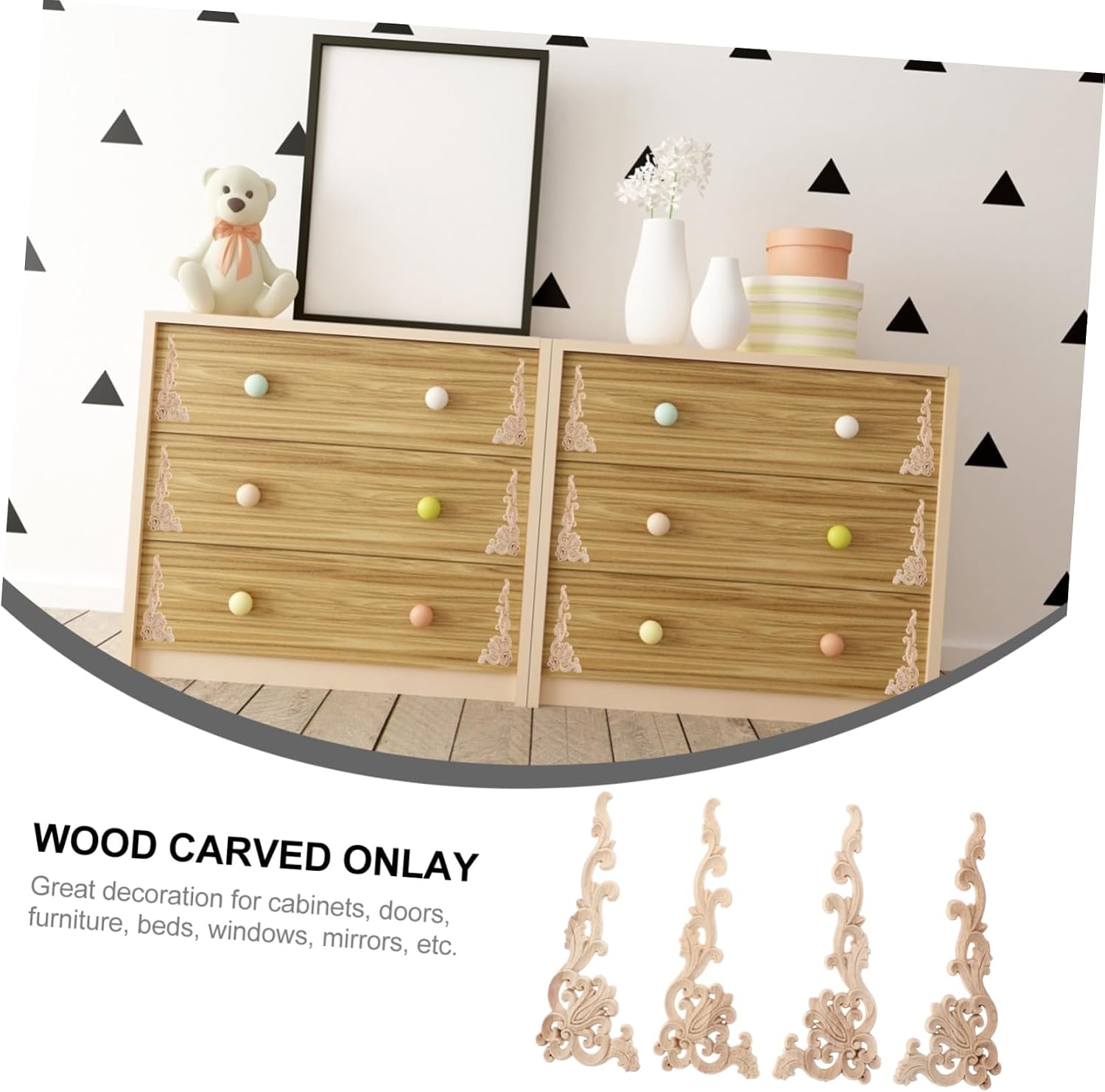 4pcs Wooden Carved Onlays Unpainted Furniture Decals for Home Decor Traditional Wood Appliques for Wall Background and Furniture Accents