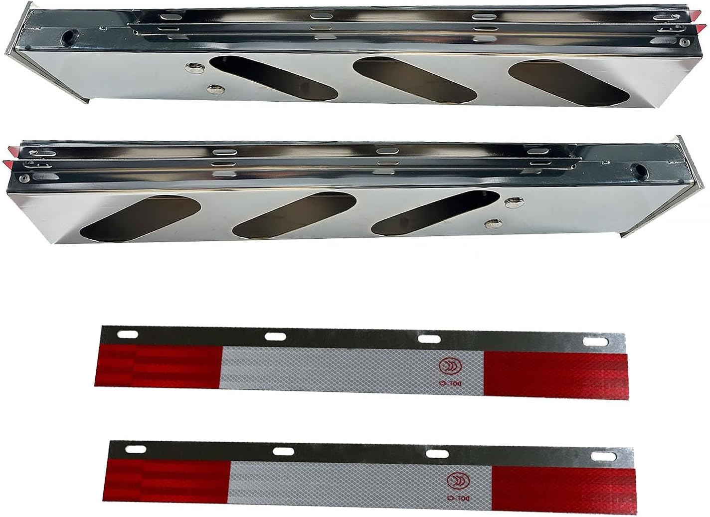 BST BSSP Stainless Steel Mud Flap Hanger Rear Bar with Oval Light Cut Outs, w/24 Aluminum Straight Reflector Strips Plate for Tractor Trailer Semi Truck Trailer, w/Light Cutouts,Spring Loaded